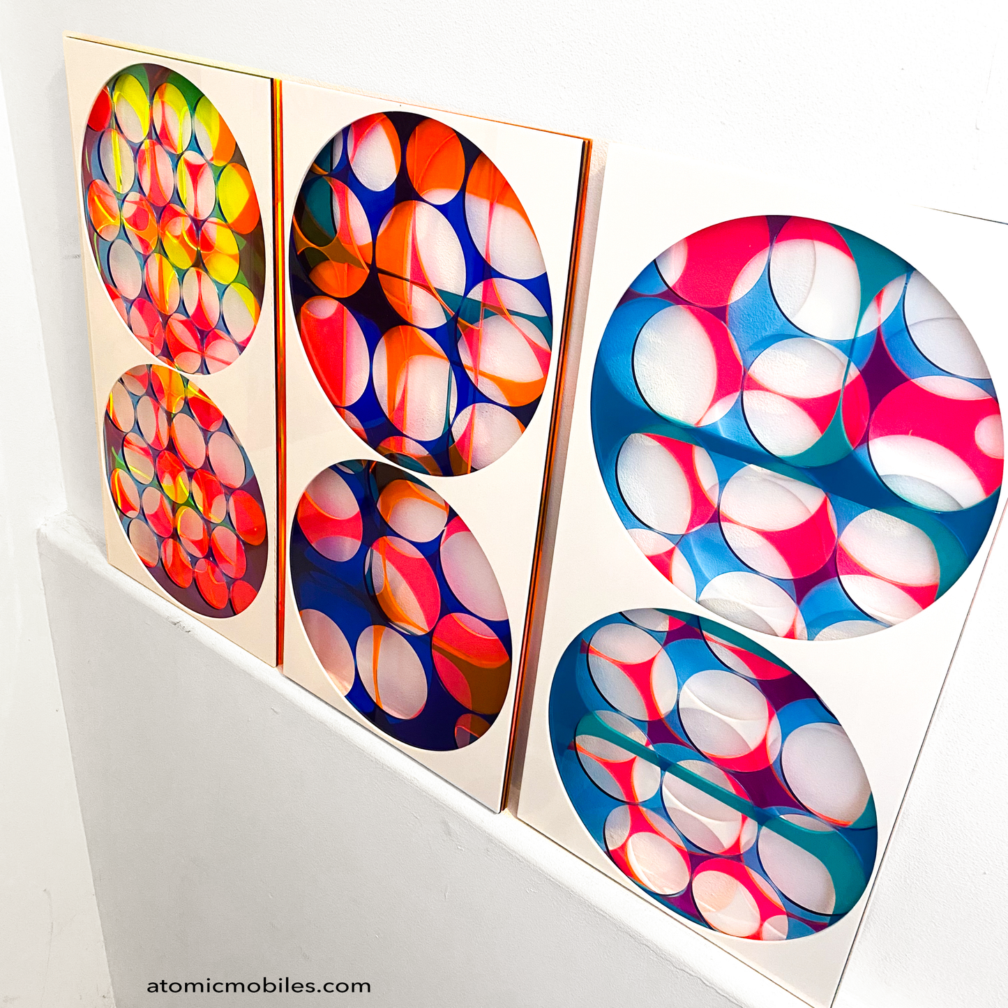 Side view of 3D Abstract Wall Art panels in bold vibrant colors by AtomicMobiles.com