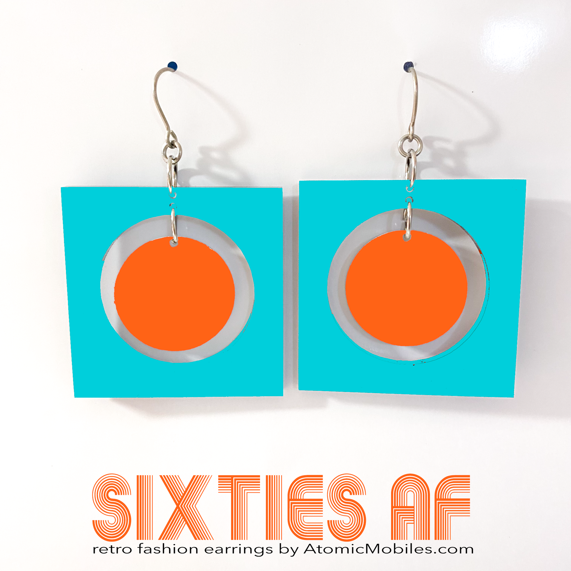 SIXTIES AF groovy retro fashion earrings inspired by the 1960s in aqua and orange - by AtomicMobiles.com