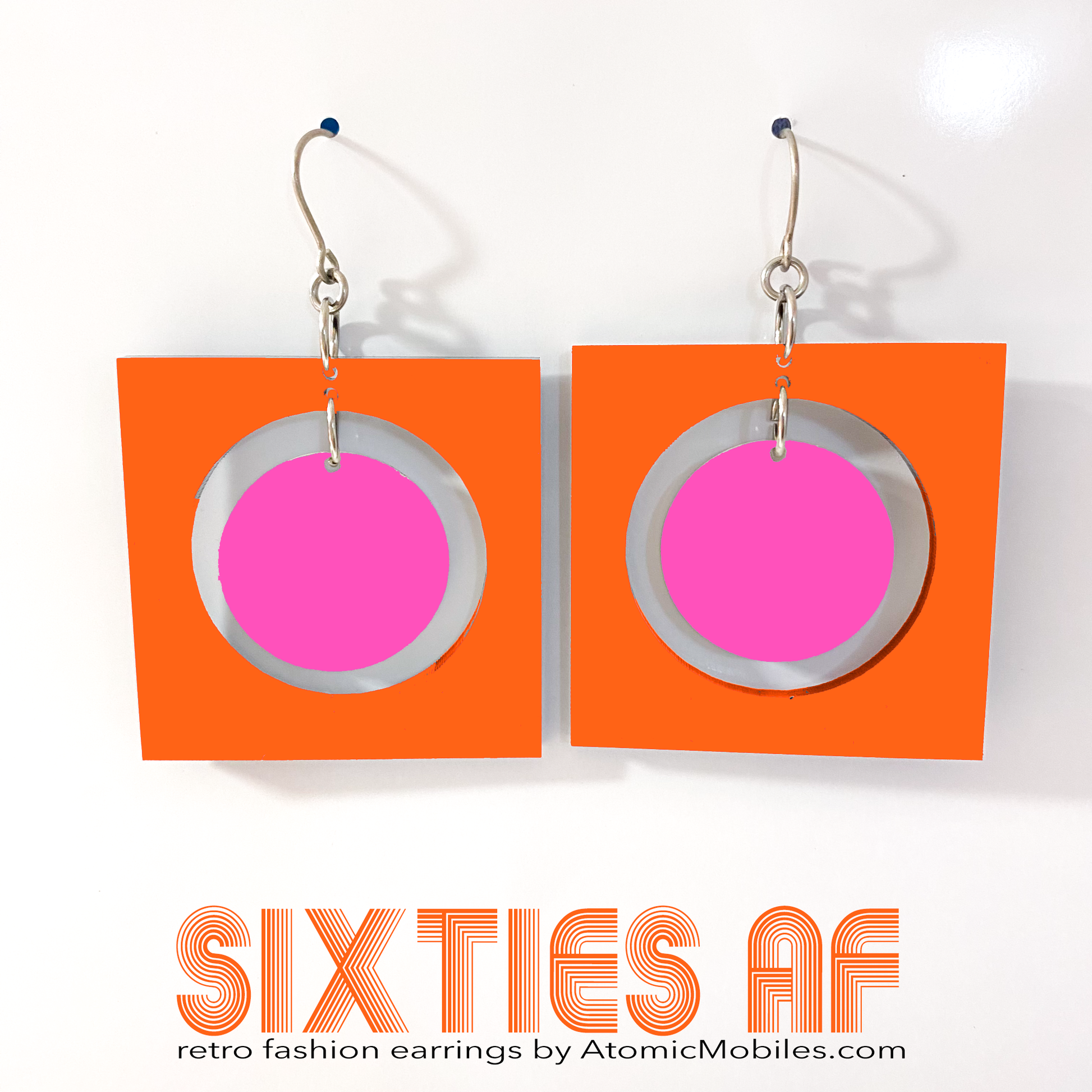 SIXTIES AF groovy retro fashion earrings inspired by the 1960s in orange and hot pink - by AtomicMobiles.com
