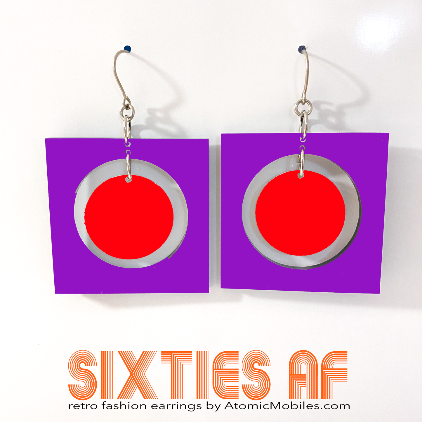 SIXTIES AF groovy retro fashion earrings inspired by the 1960s in purple and red - by AtomicMobiles.com