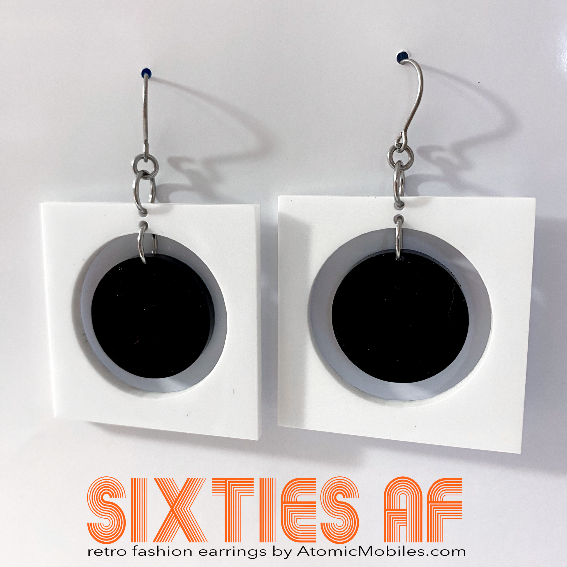 SIXTIES AF retro fashion earrings inspired by the 1960s in white and black - by AtomicMobiles.com