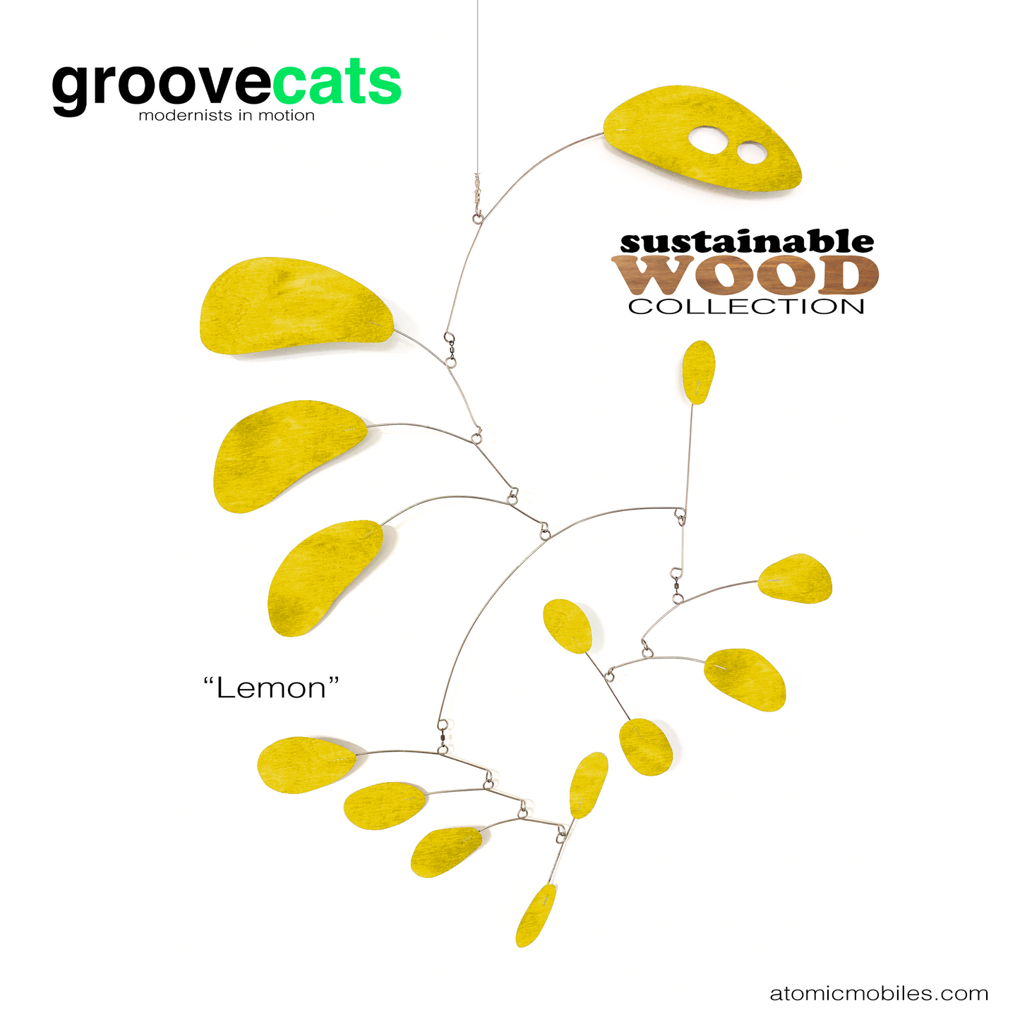 Beautiful lemon yellow sustainable stained wood hanging kinetic art mobile - CoolCat mid century modern style - by AtomicMobiles.com