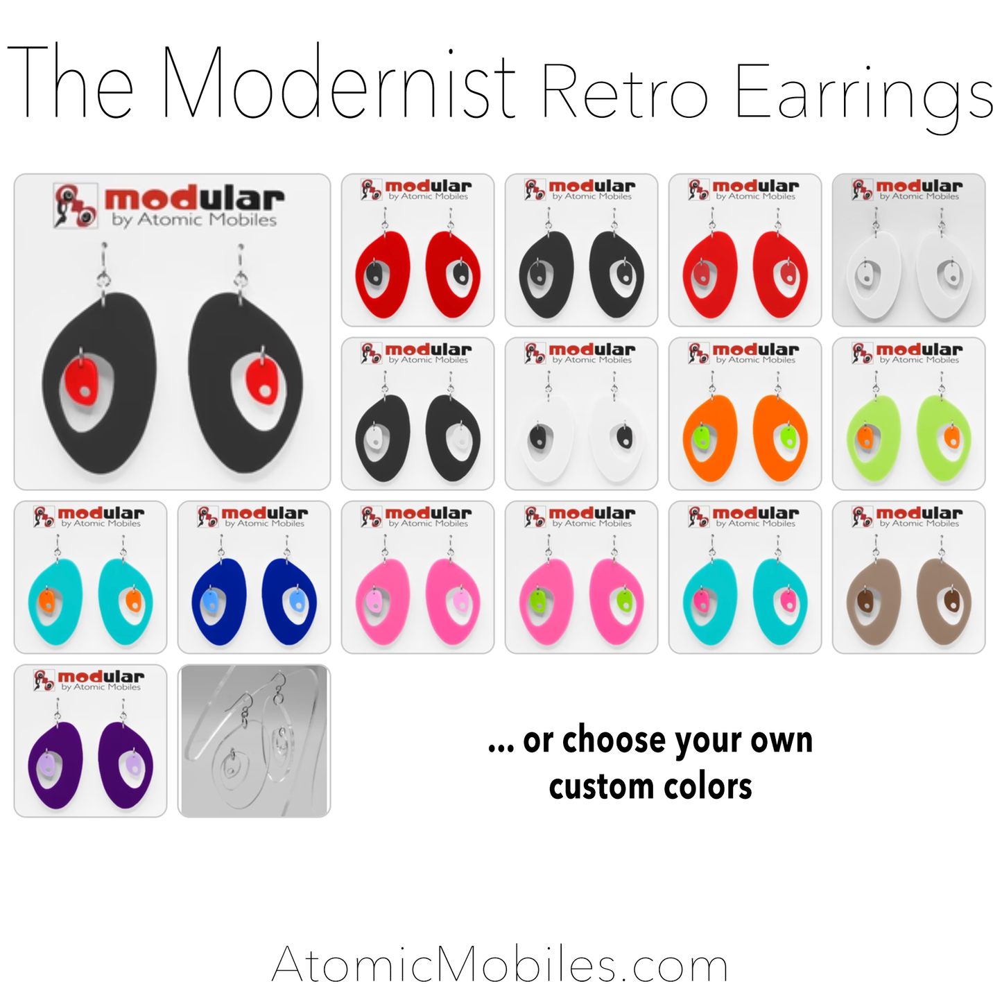 Designer color choices for The Modernist retro mid century modern style earrings by AtomicMobiles.com