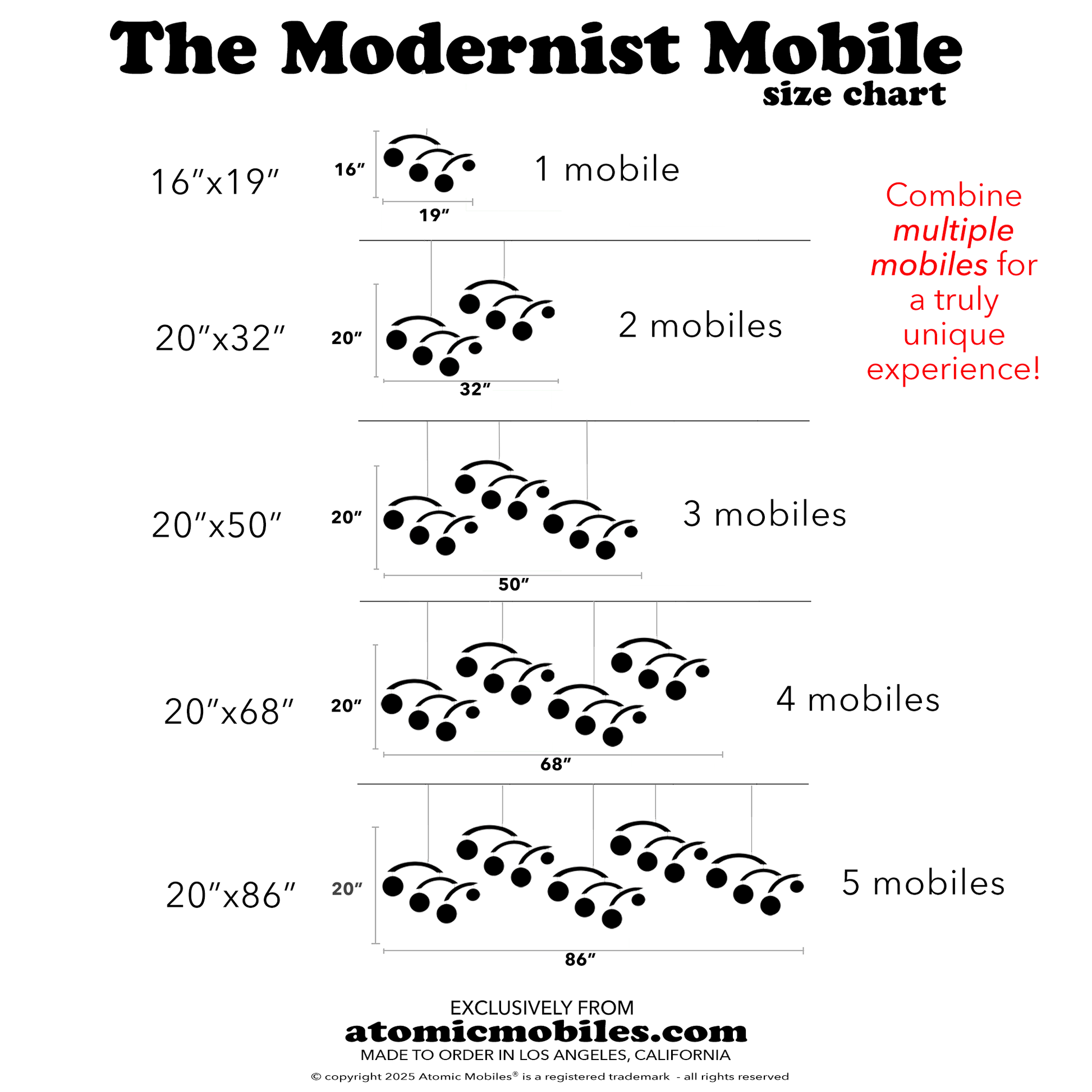 Size chart for The Modernist Mobile with dimensions and number of mobiles required by Atomic Mobiles