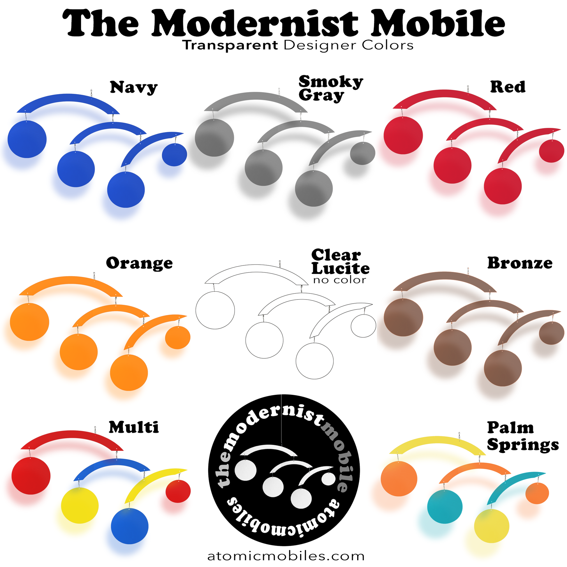 Color swatches for 'The Modernist Mobile' with labels for Navy, Smoky Gray, Red, Orange, Clear Lucite, Bronze, Multi, and Palm Springs by Atomic Mobiles