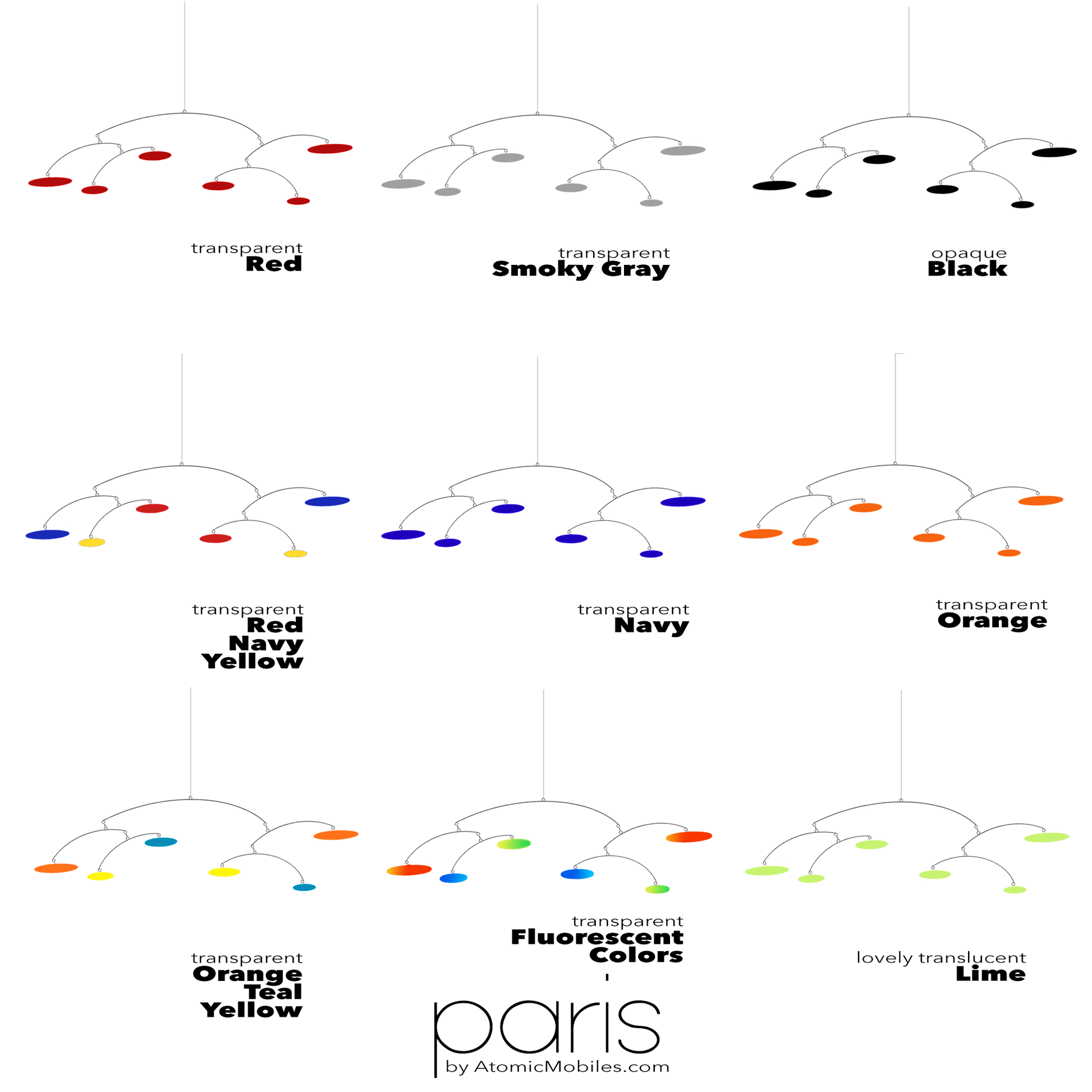 PARIS Hanging Art Mobile in 9 Designer Colors  - Red, Smoky Gray, Black, Multi Red/Navy/Yellow, Navy, Orange, Orange/Teal/Yellow, Fluorescent Colors and Lime - by AtomicMobiles.com