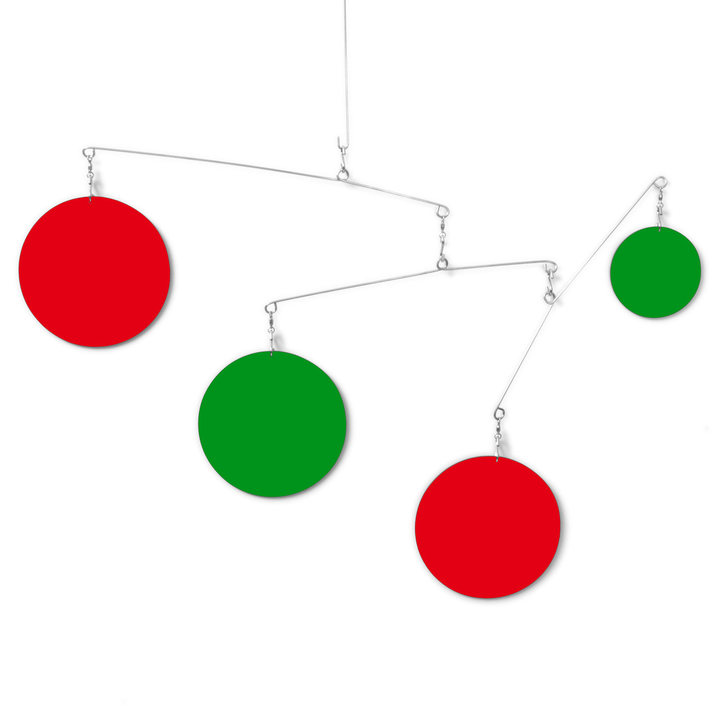 Beautiful hanging art mobiles in festive Christmas colors of red and green by AtomicMobiles.com
