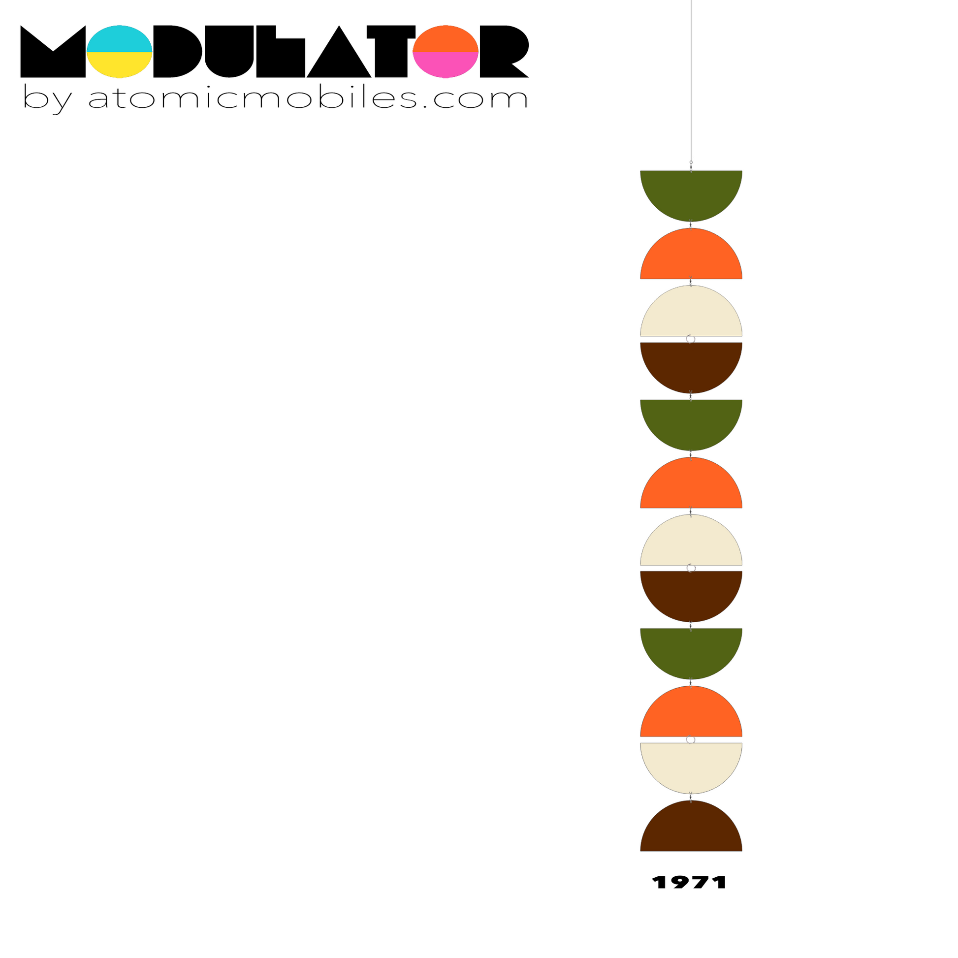 MODulator Vertical Art Mobile - retro mid century modern style hanging art mobile in 1971 Colors of Olive Green, Orange, Cream, and Brown by AtomicMobiles.com
