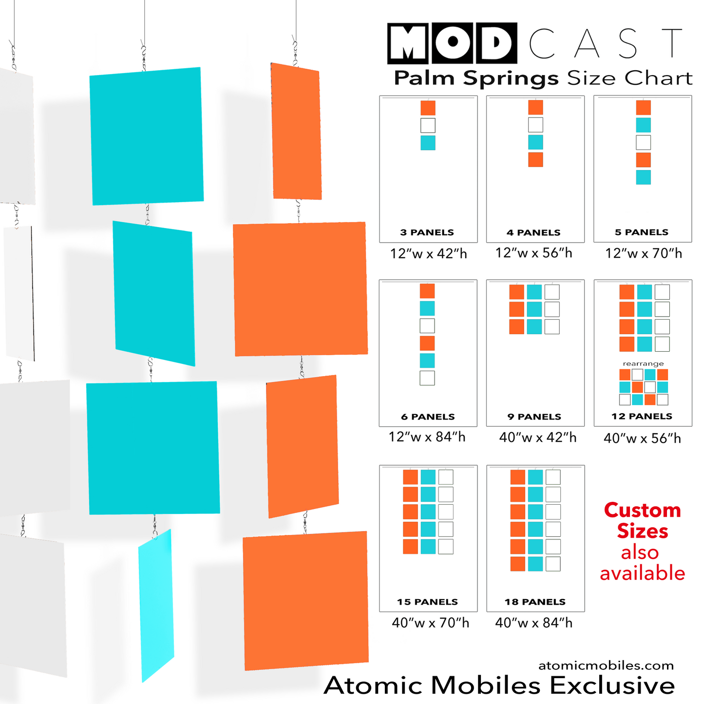 Size Chart for Palm Springs MODcast Hanging Art Mobiles in Orange, Aqua Blue, and White - mid century modern style kinetic art by AtomicMobiles.com