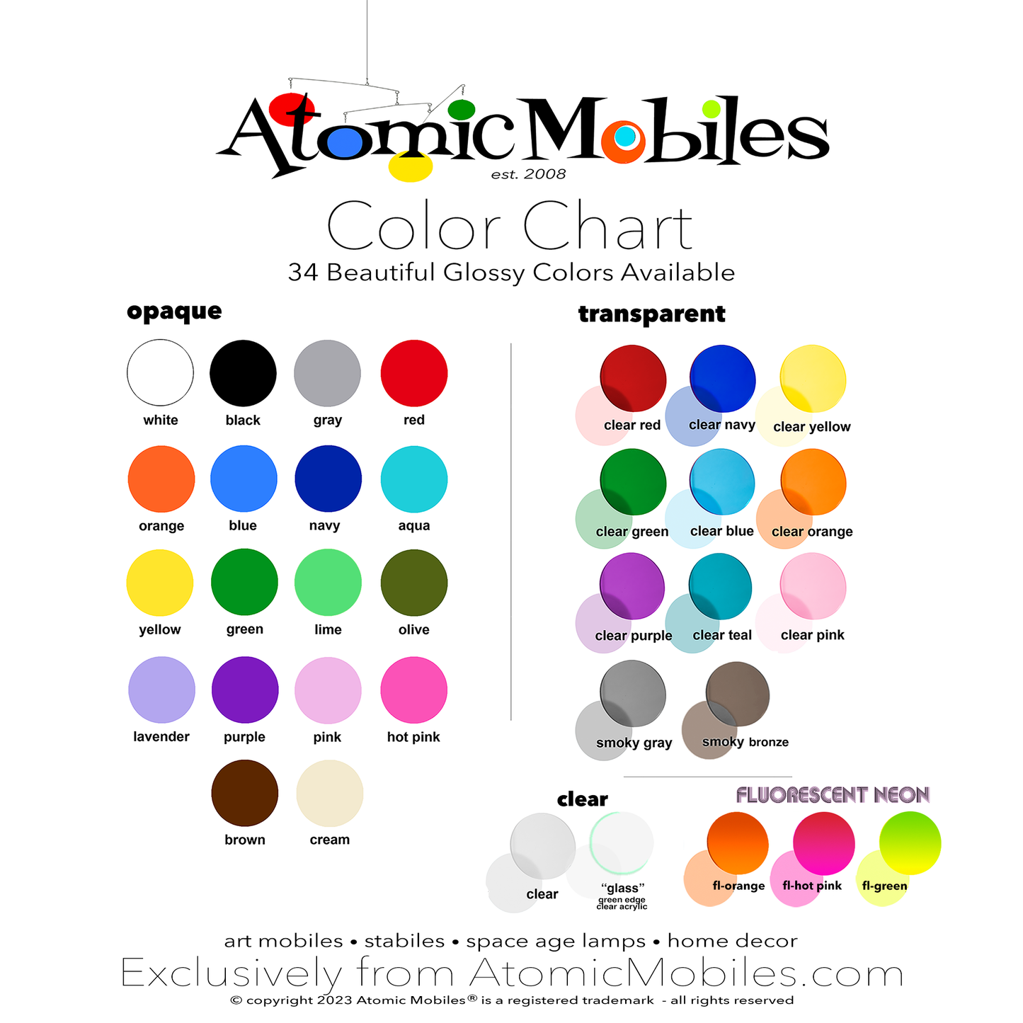 Atomic Mobiles Color Chart of 34 acrylic colors for The Atomic Mobile