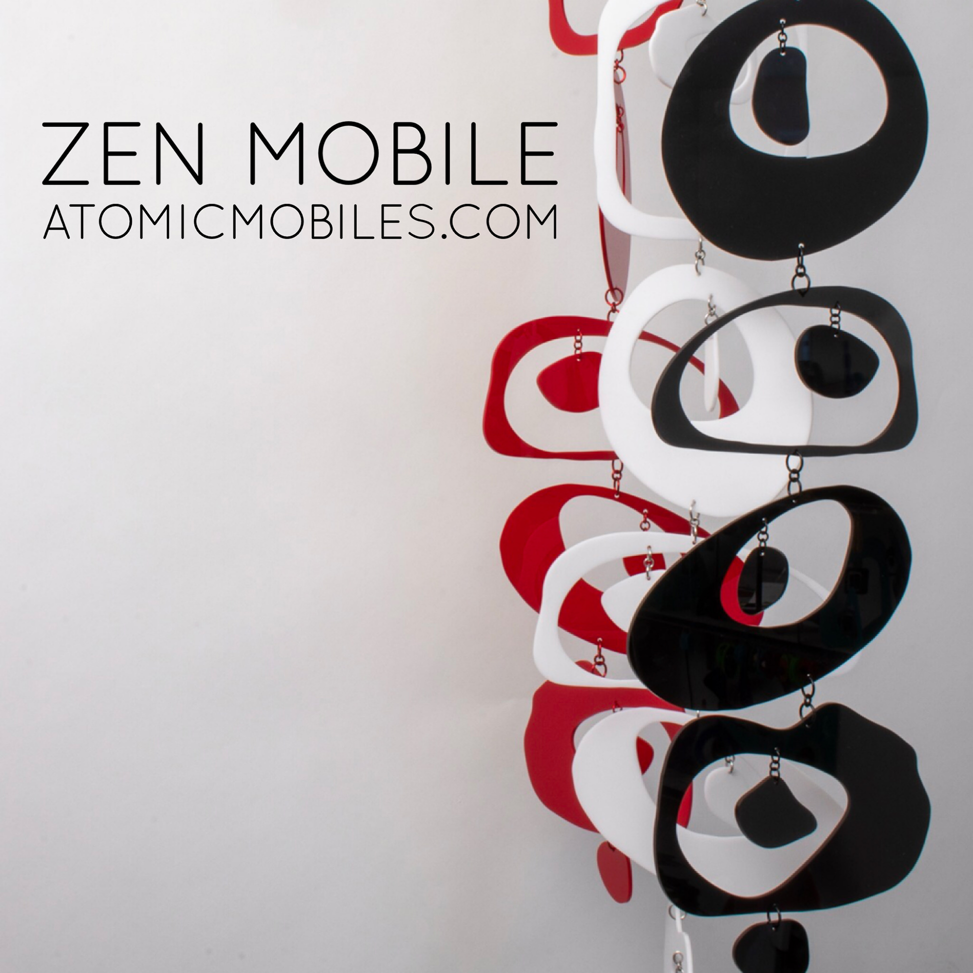 3 Zen Mobiles in Red, White, and Black by AtomicMobiles.com on white background - calm kinetic sculpture inspired by rock balancing