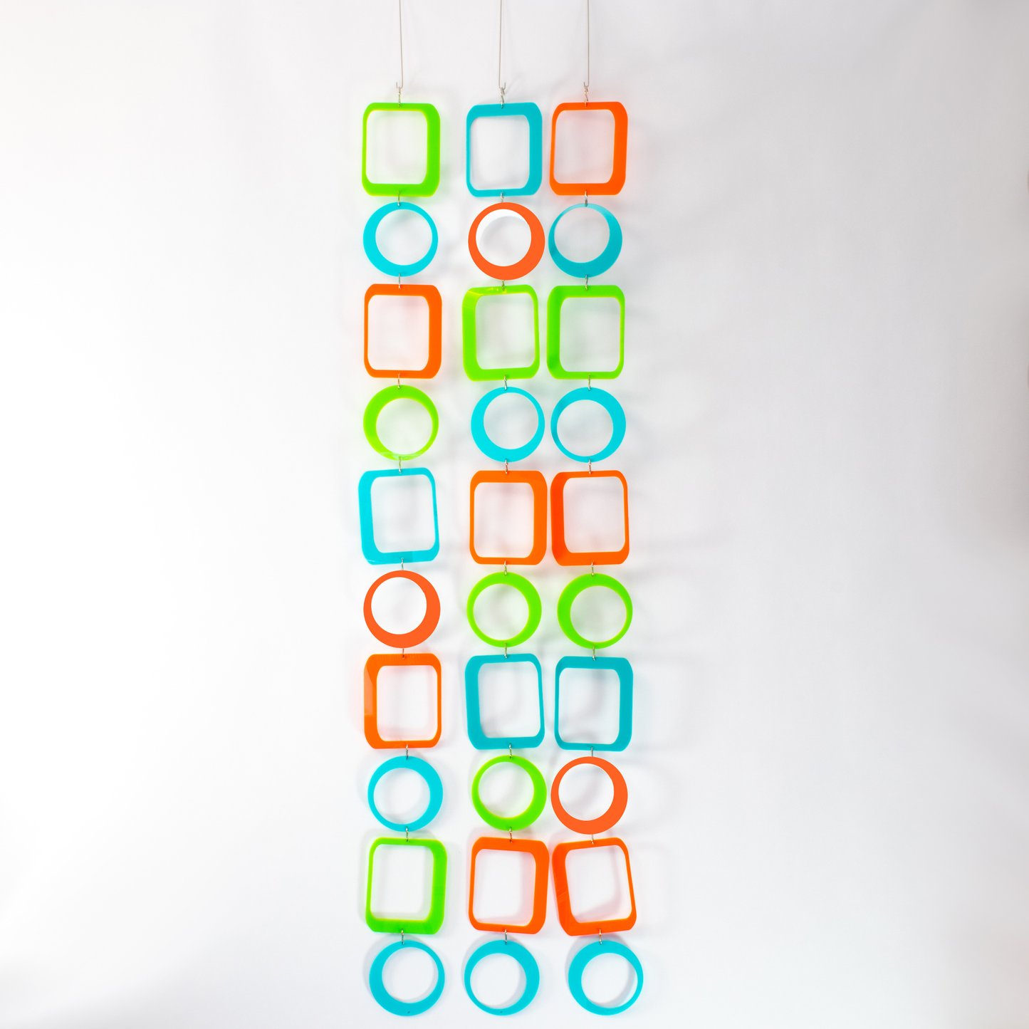 Palm Springs DIY Mobile Kit in Orange, Aqua Blue, and Lime Green made into 3 column room divider- by AtomicMobiles.com