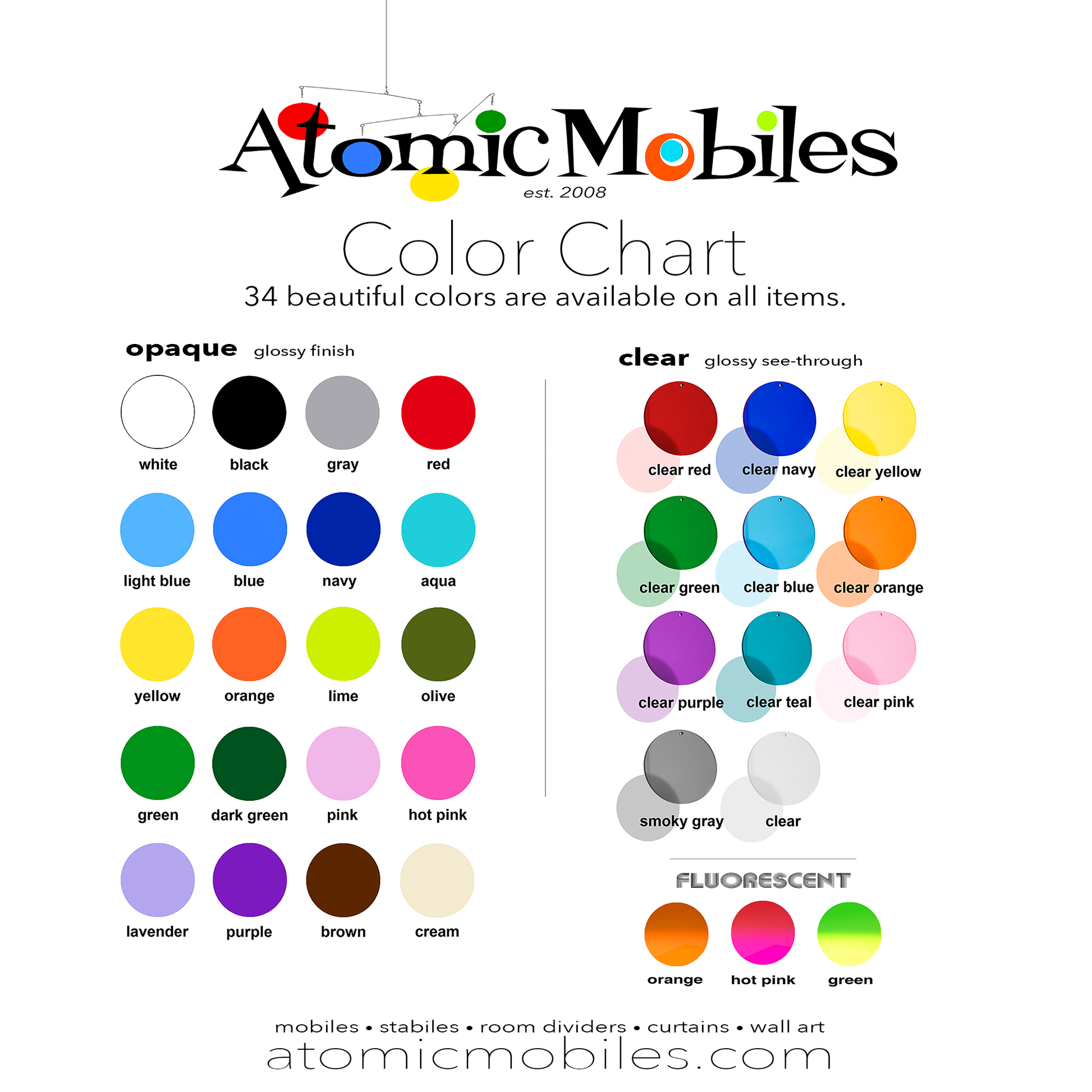 34 Beautiful Colors - AtomicMobiles.com Color Chart for Custom Vertical Modern Art Mobiles