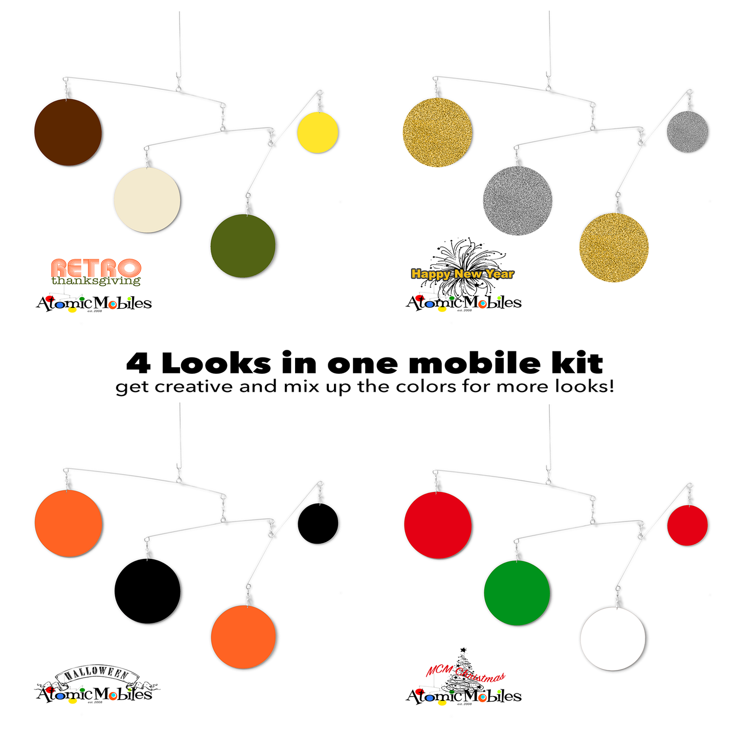The Atomic Mobile WINTER Designer Collection - 4 Examples - DIY Kit to make a kinetic hanging art mobile - MODular design includes 16 circles to mix up any way you wish - by AtomicMobiles.com