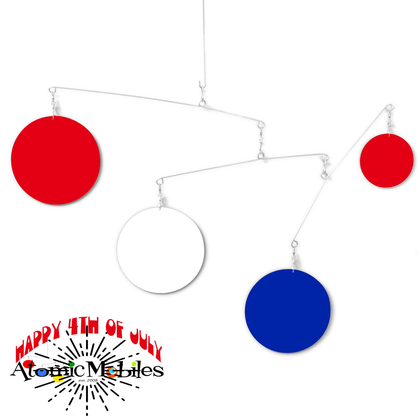 Unique 4th of July Decoration - kinetic hanging art mobile in 4th of July colors of Red White and Blue by AtomicMobiles.com