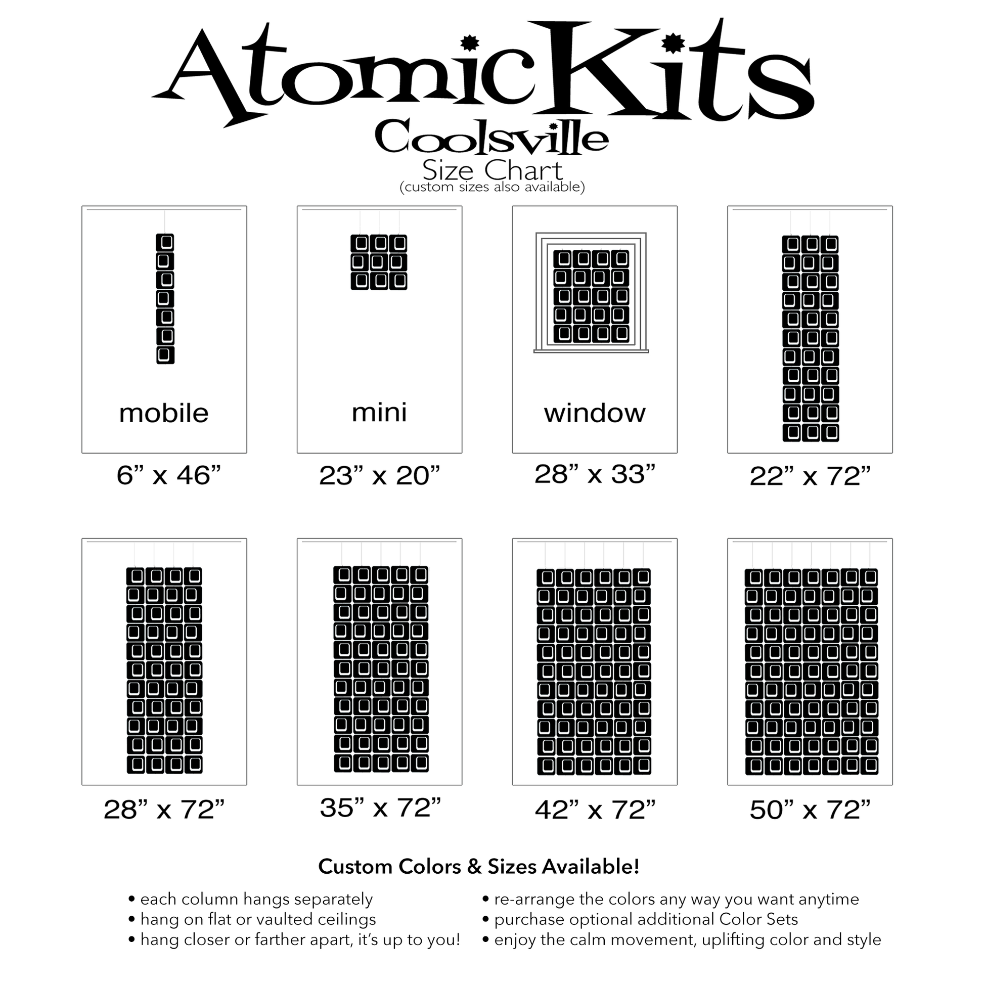 Size Chart for Coolsville in Black for Room Dividers, Curtains, Mobiles, and Wall Art DIY KIT by AtomicMobiles.com