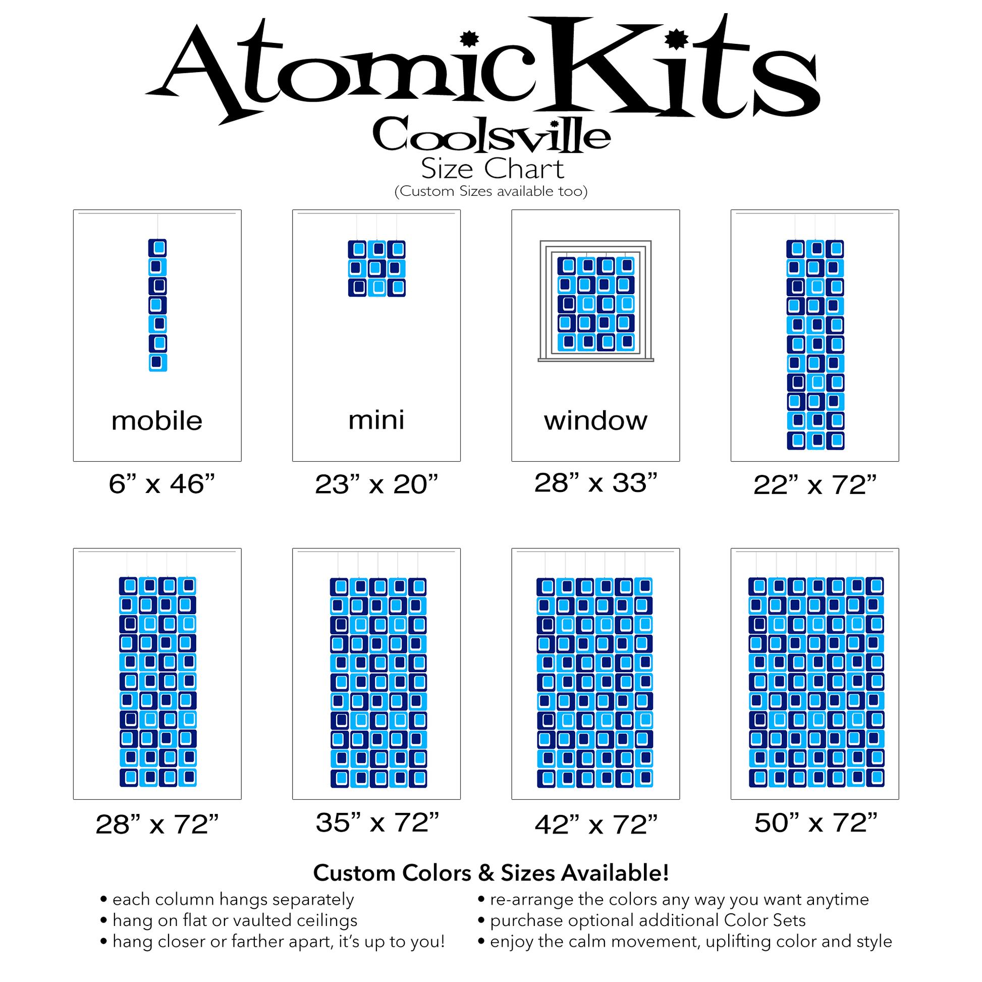 Size Chart for Coolsville in Blue and Navy Blue Colors for Room Dividers, Curtains, Mobiles, and Wall Art DIY KIT by AtomicMobiles.com