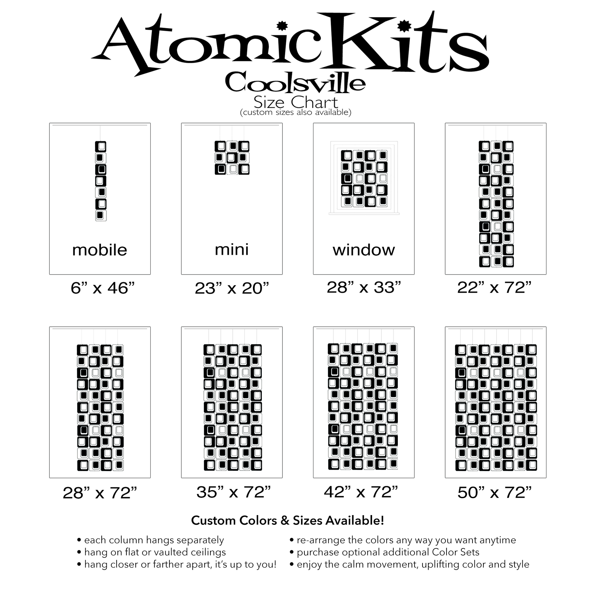 Size Chart for Coolsville in Black and White Colors for Room Dividers, Curtains, Mobiles, and Wall Art DIY KIT by AtomicMobiles.com