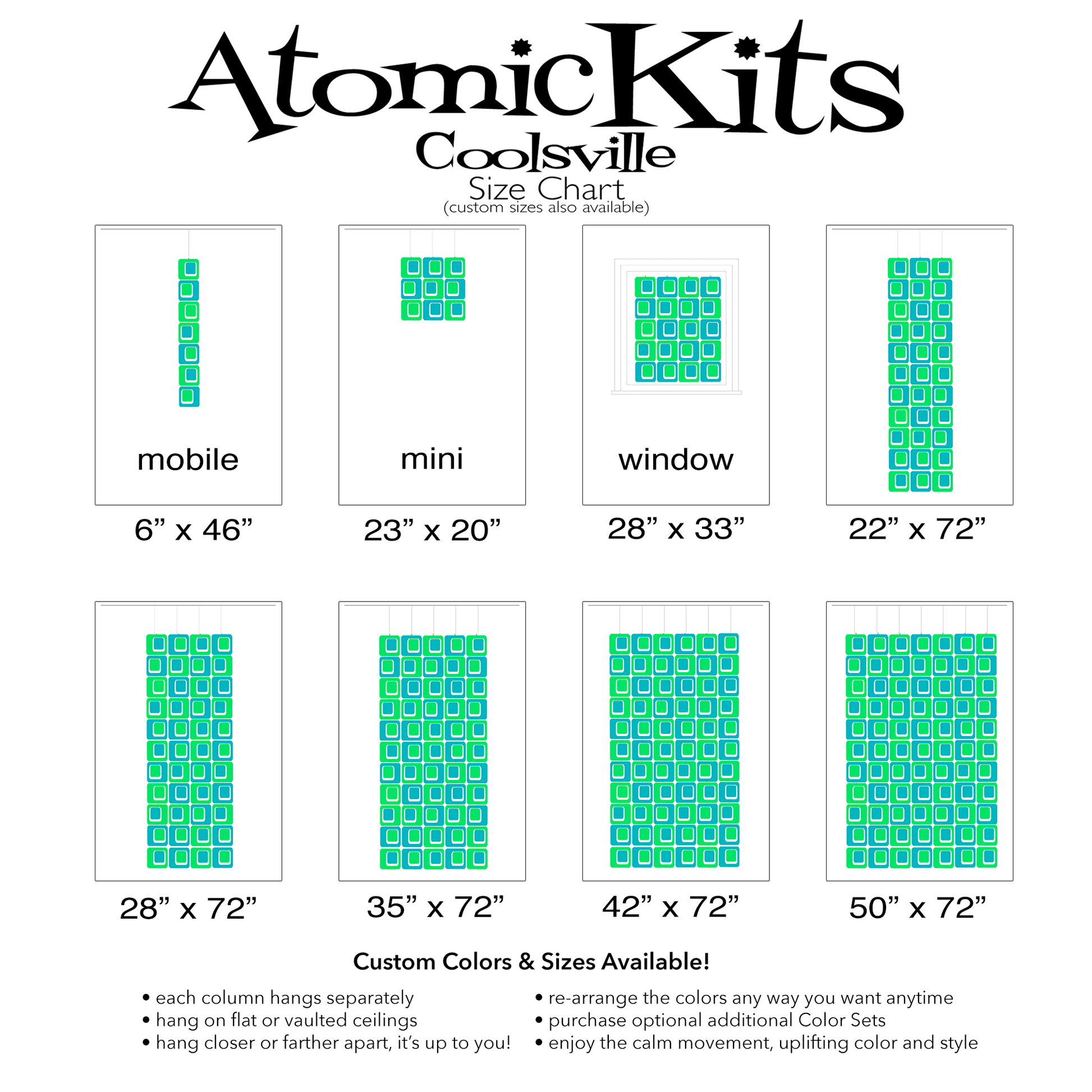 Size Chart for Coolsville in Lime Green and Aqua Blue Colors for Room Dividers, Curtains, Mobiles, and Wall Art DIY KIT by AtomicMobiles.com