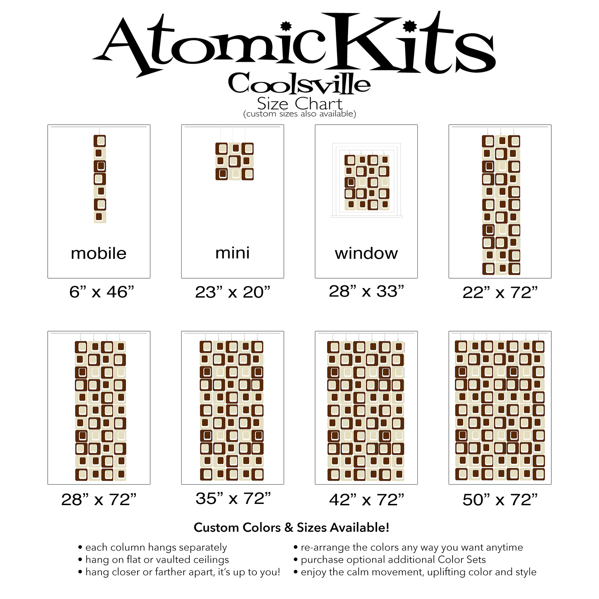 Size Chart for Coolsville in Cream and Brown Colors for Room Dividers, Curtains, Mobiles, and Wall Art DIY KIT by AtomicMobiles.com