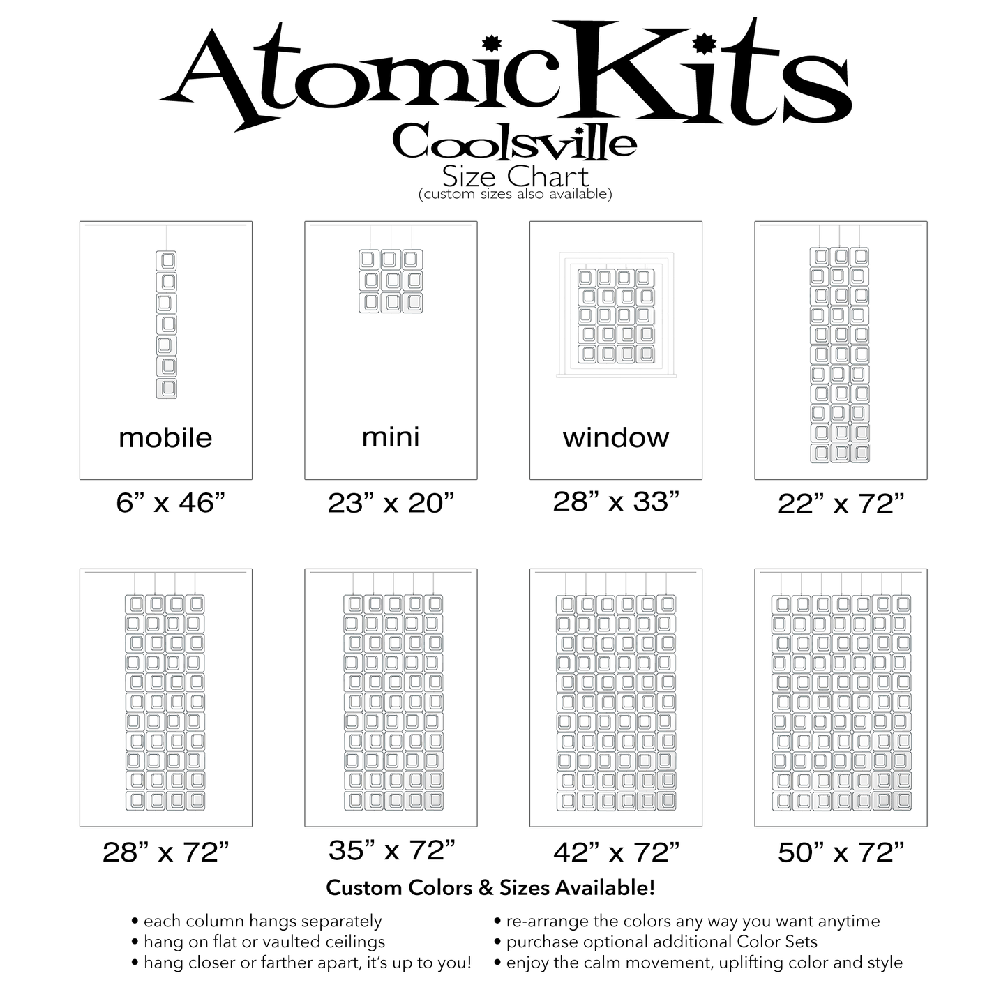 Size Chart for Coolsville in Clear Acrylic Colors for Room Dividers, Curtains, Mobiles, and Wall Art DIY KIT by AtomicMobiles.com