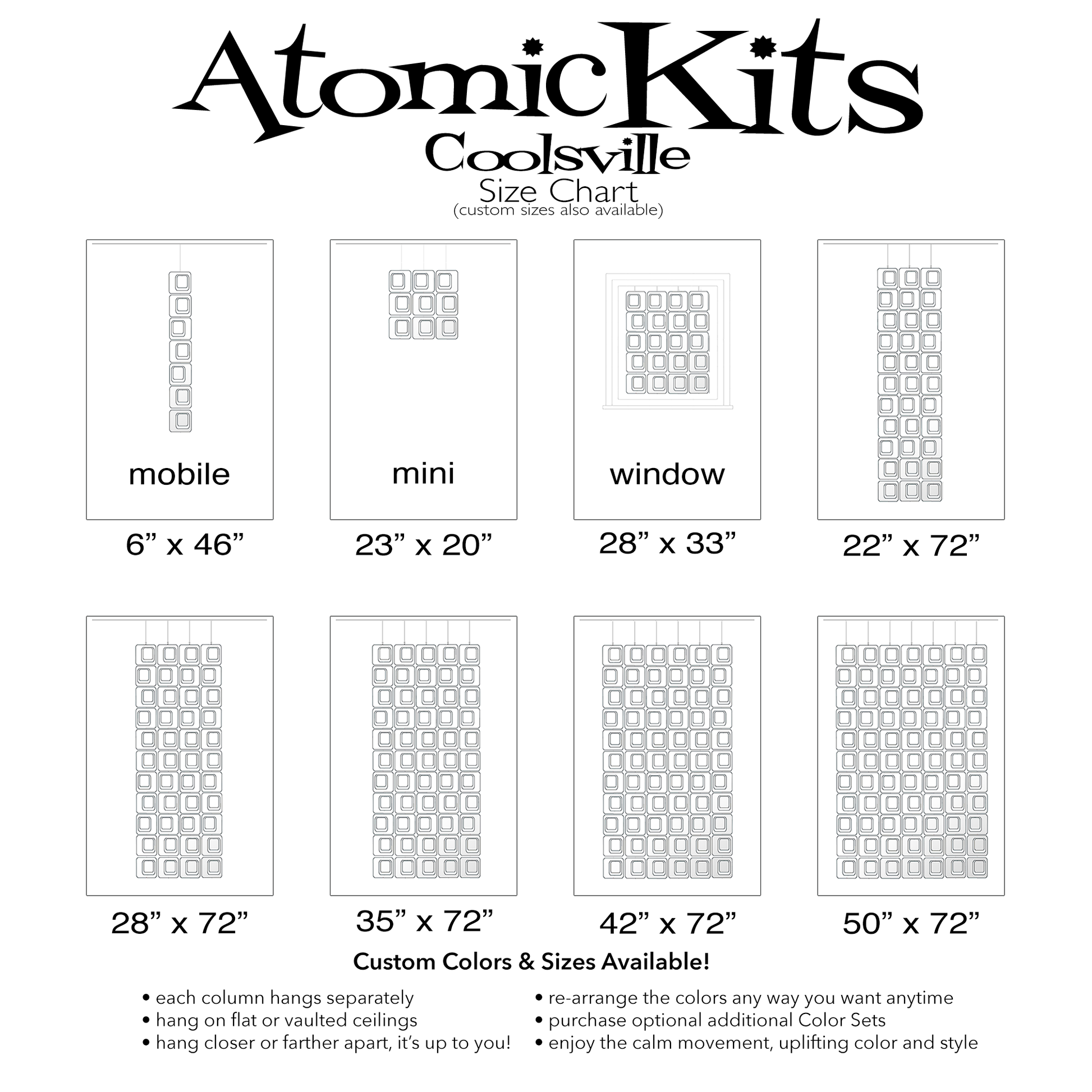 Size Chart for Coolsville in Clear Acrylic Colors for Room Dividers, Curtains, Mobiles, and Wall Art DIY KIT by AtomicMobiles.com