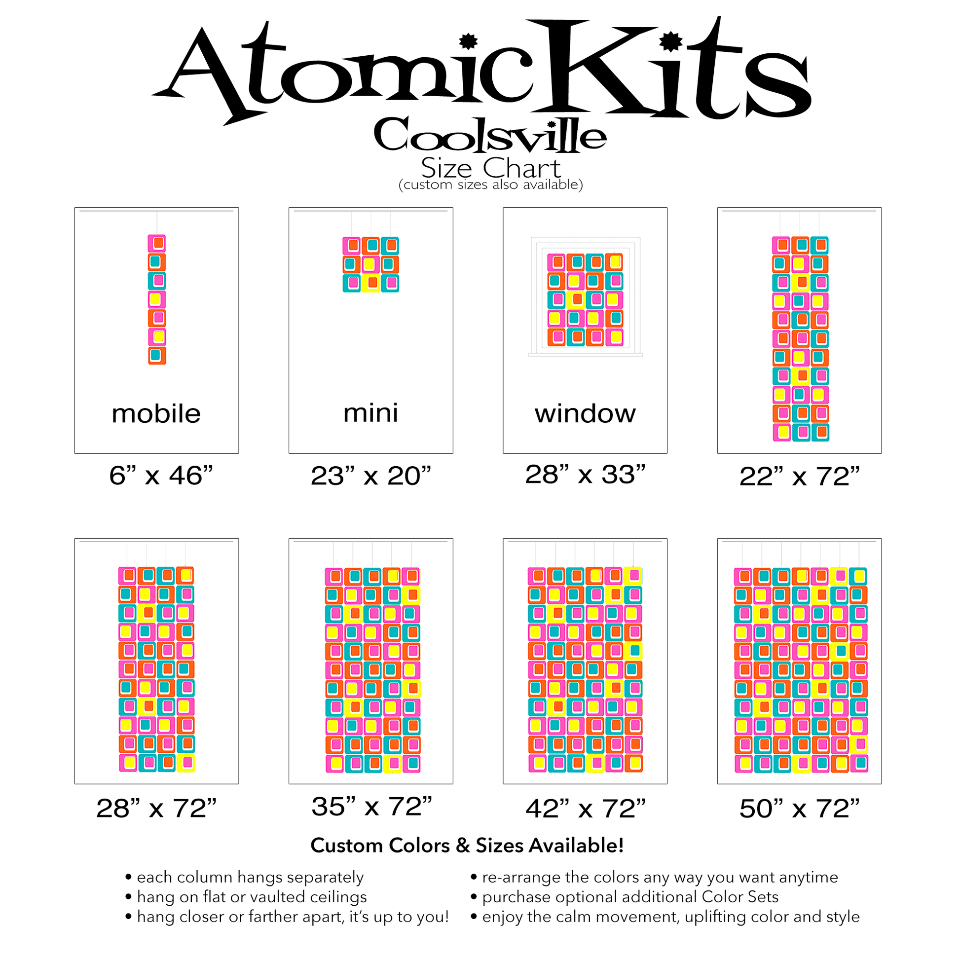 Size Chart for Coolsville in Hot Pink, Yellow, Orange, and Aqua Blue Colors for Room Dividers, Curtains, Mobiles, and Wall Art DIY KIT by AtomicMobiles.com