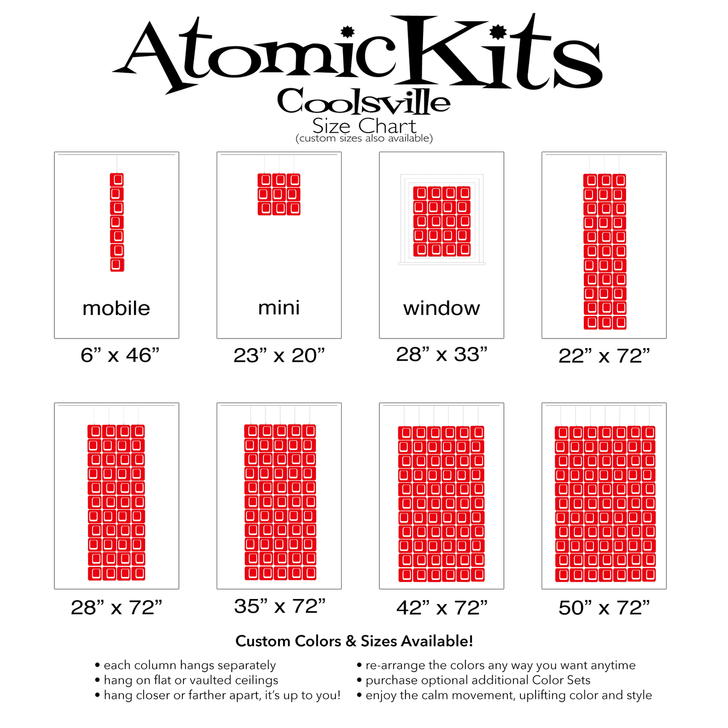Size Chart for Coolsville in Red for Room Dividers, Curtains, Mobiles, and Wall Art DIY KIT by AtomicMobiles.com