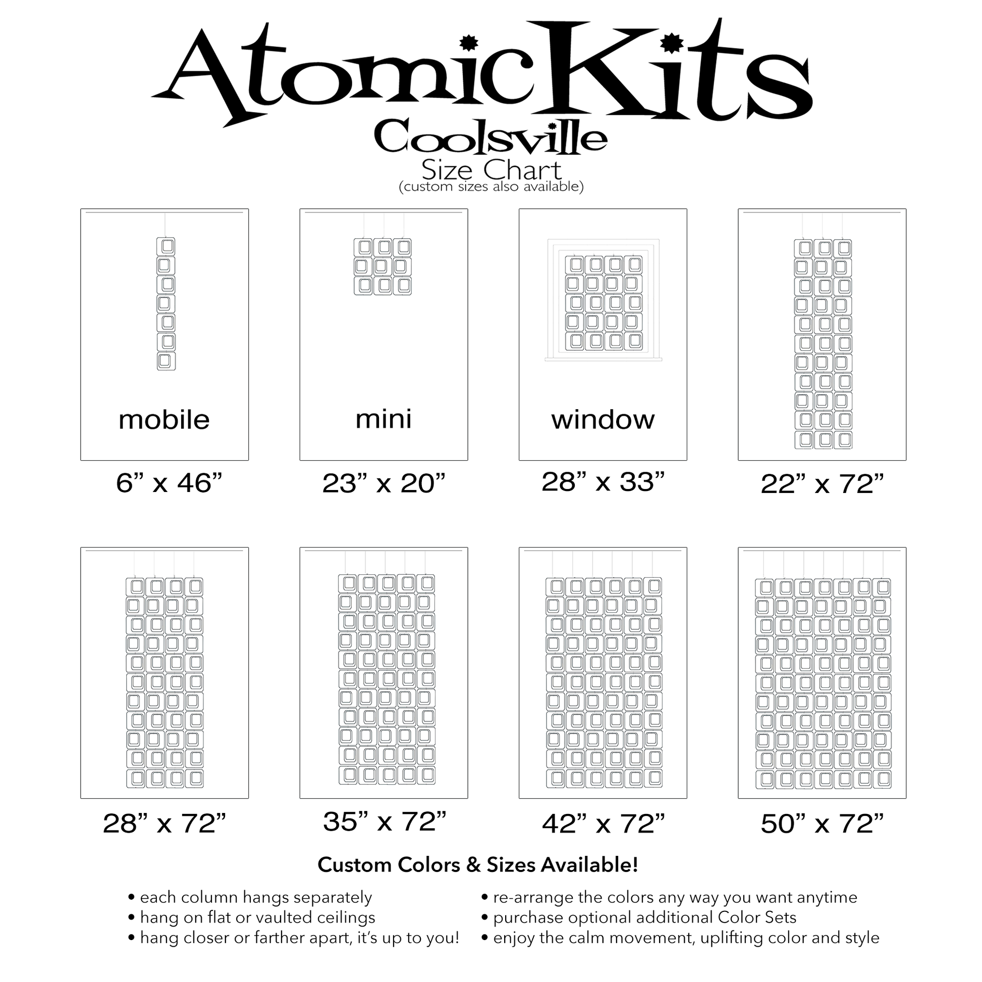 Size Chart for Coolsville in White for Room Dividers, Curtains, Mobiles, and Wall Art DIY KIT by AtomicMobiles.com