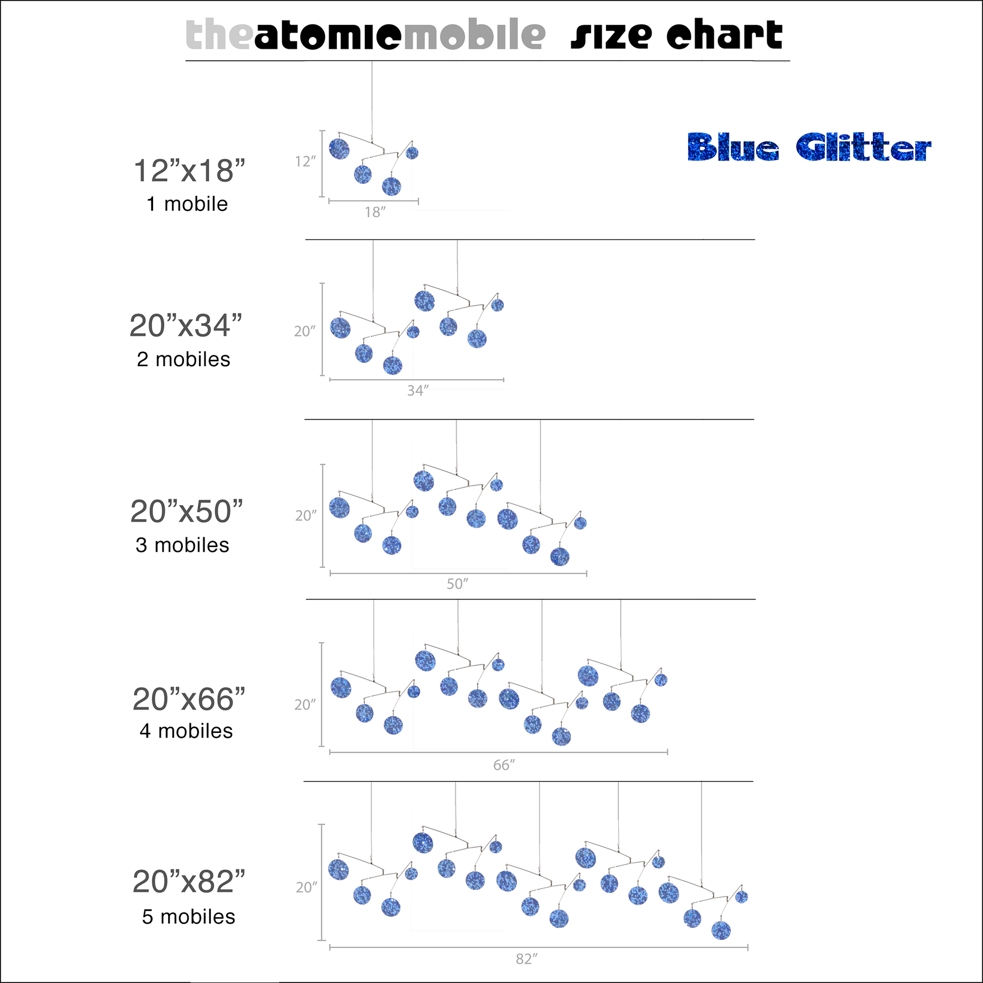 Blue Glitter Size Chart for Atomic Mobiles - kinetic hanging art mobiles by AtomicMobiles.com