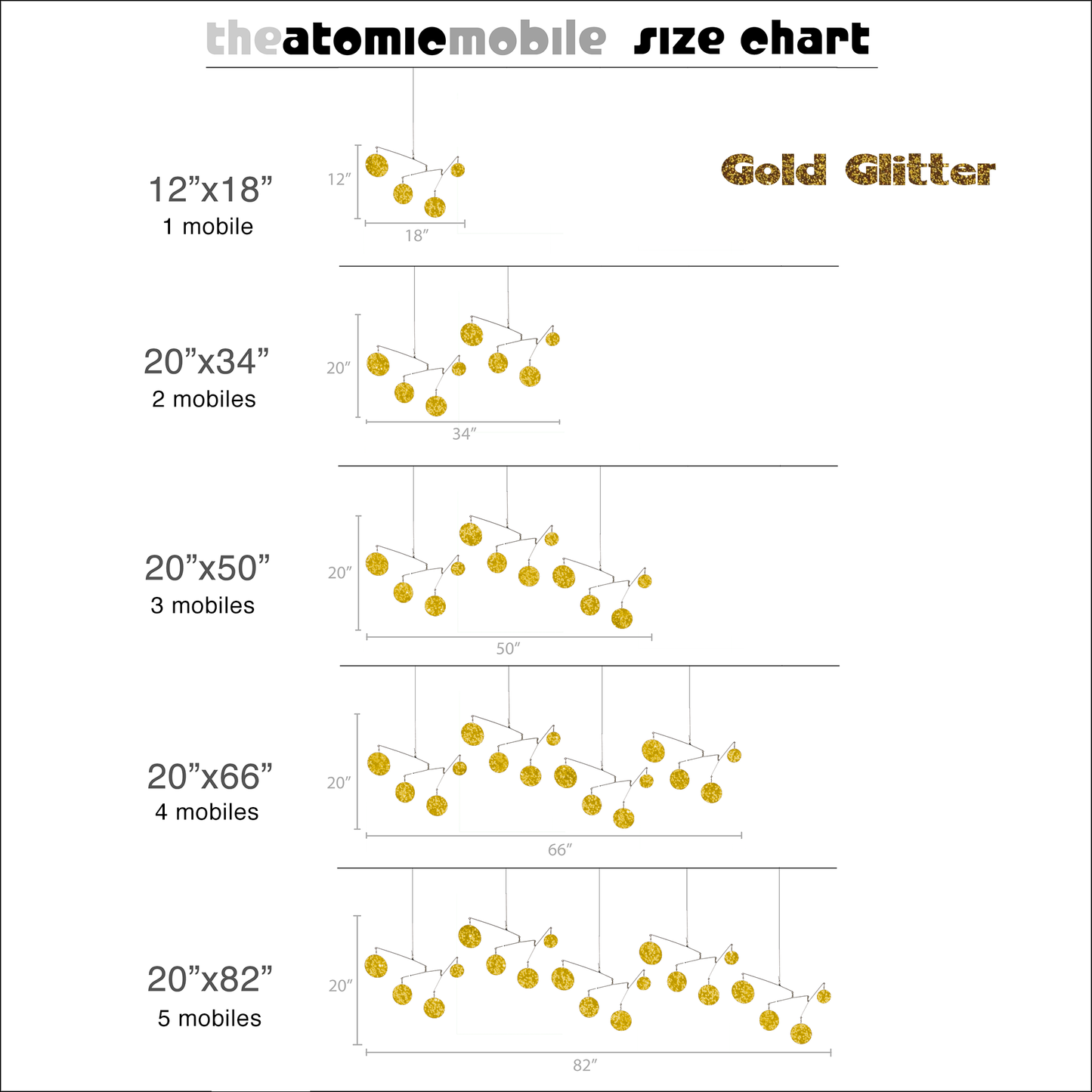 Gold Glitter Size Chart for Atomic Mobiles - kinetic hanging art mobiles by AtomicMobiles.com