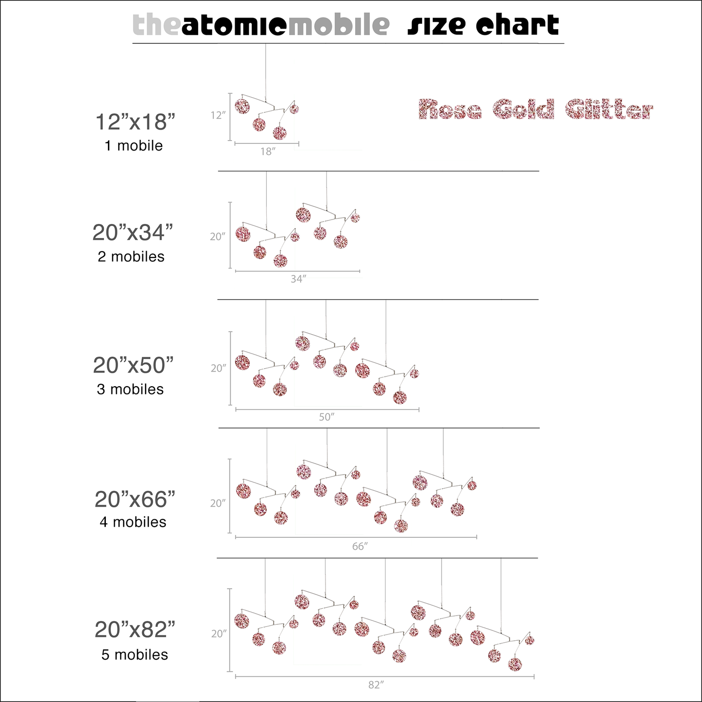 Rose Gold Size Chart for Atomic Mobiles - kinetic hanging art mobiles by AtomicMobiles.com