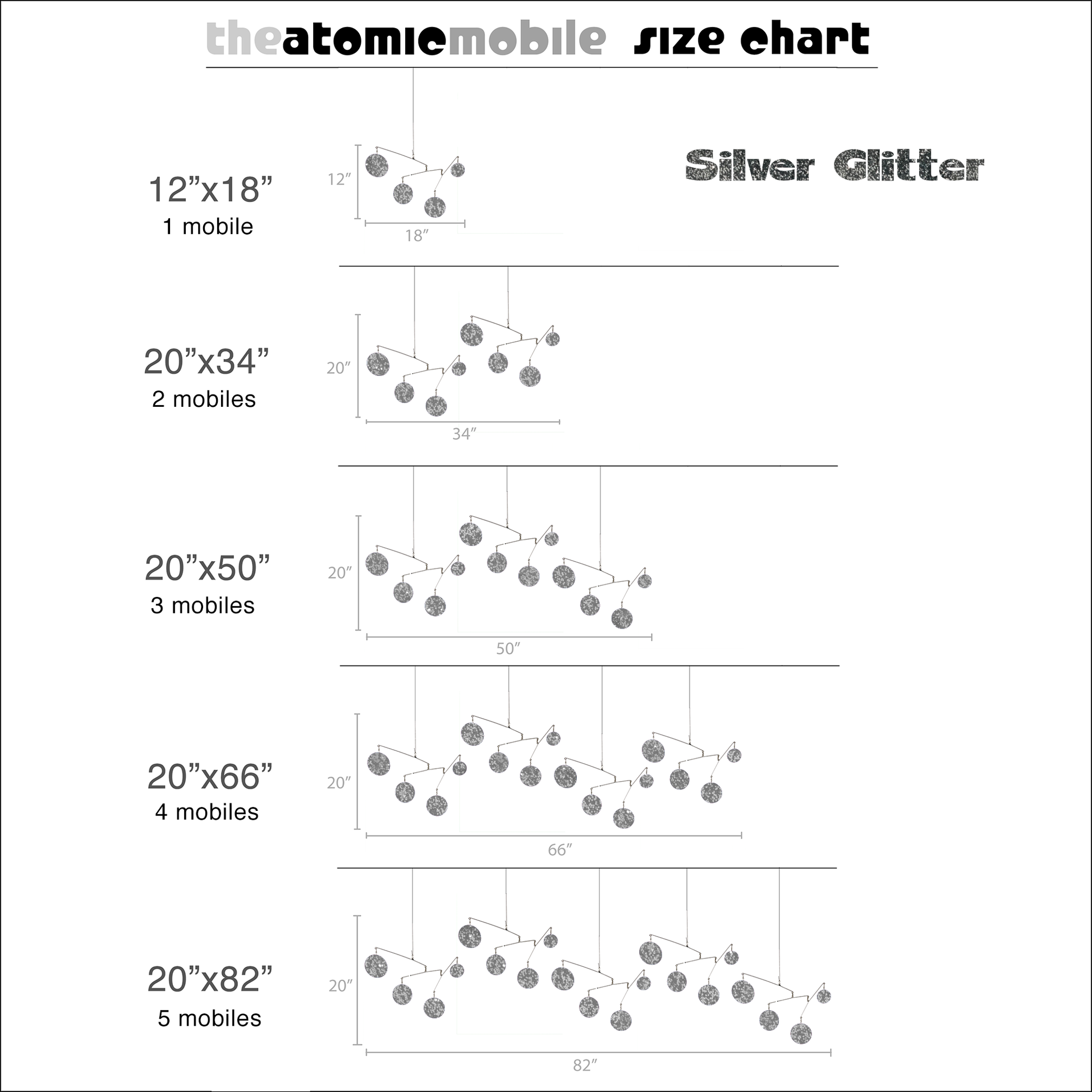 Silver Glitter Size Chart for Atomic Mobiles - kinetic hanging art mobiles by AtomicMobiles.com