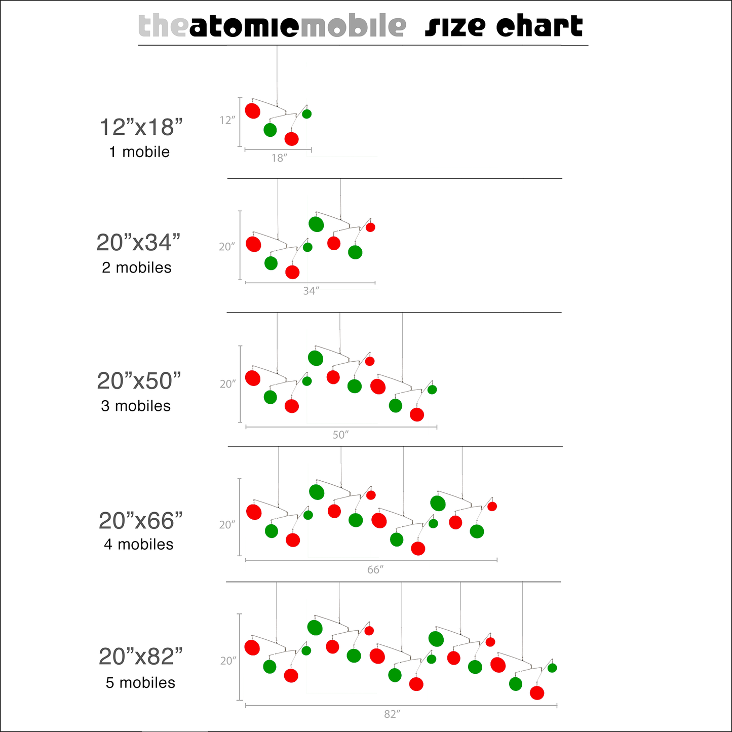 Size Chart for The Atomic Mobile -  hanging art mobiles in festive Christmas colors of red and green by AtomicMobiles.com