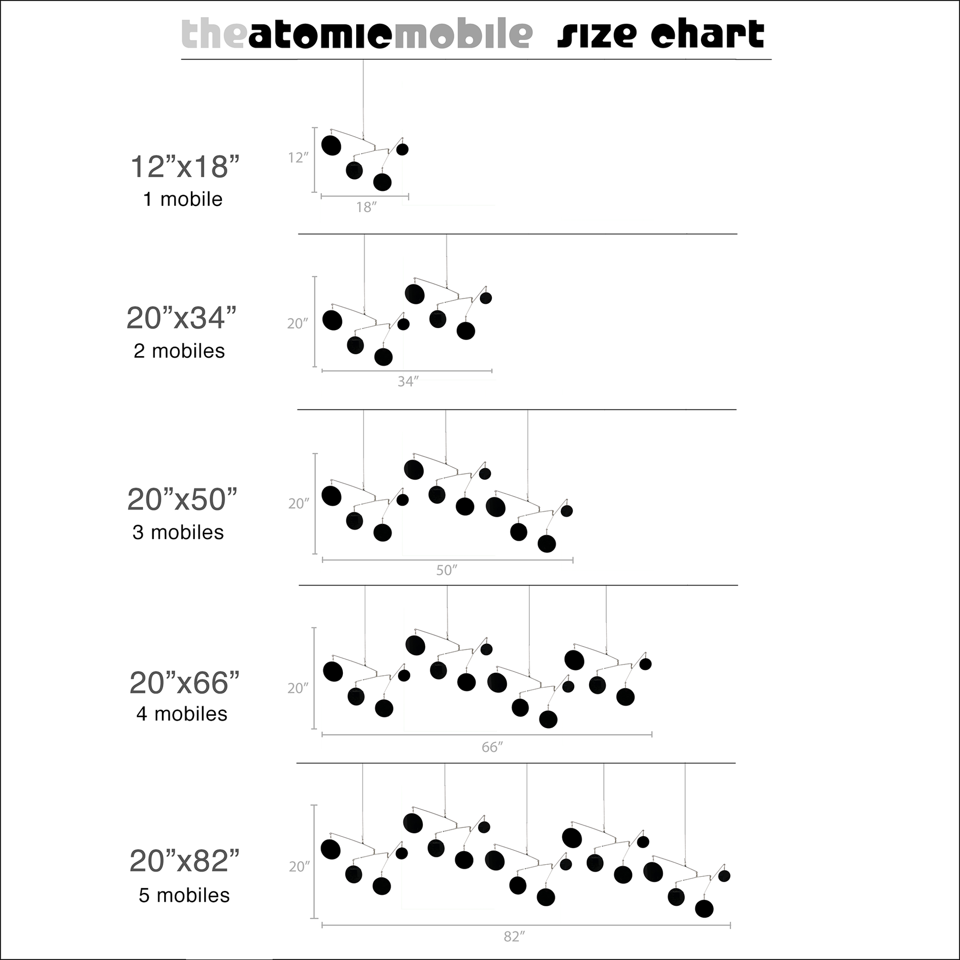 Size Chart for The Atomic Mobile - hanging kinetic art mobiles - by AtomicMobiles.com