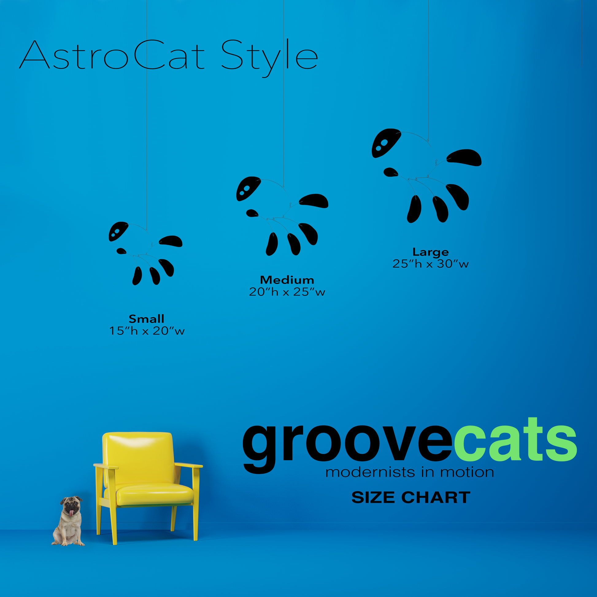 ASTROCAT kinetic hanging art mobiles Size Chart with yellow chair and cute pug dog by AtomicMobiles.com