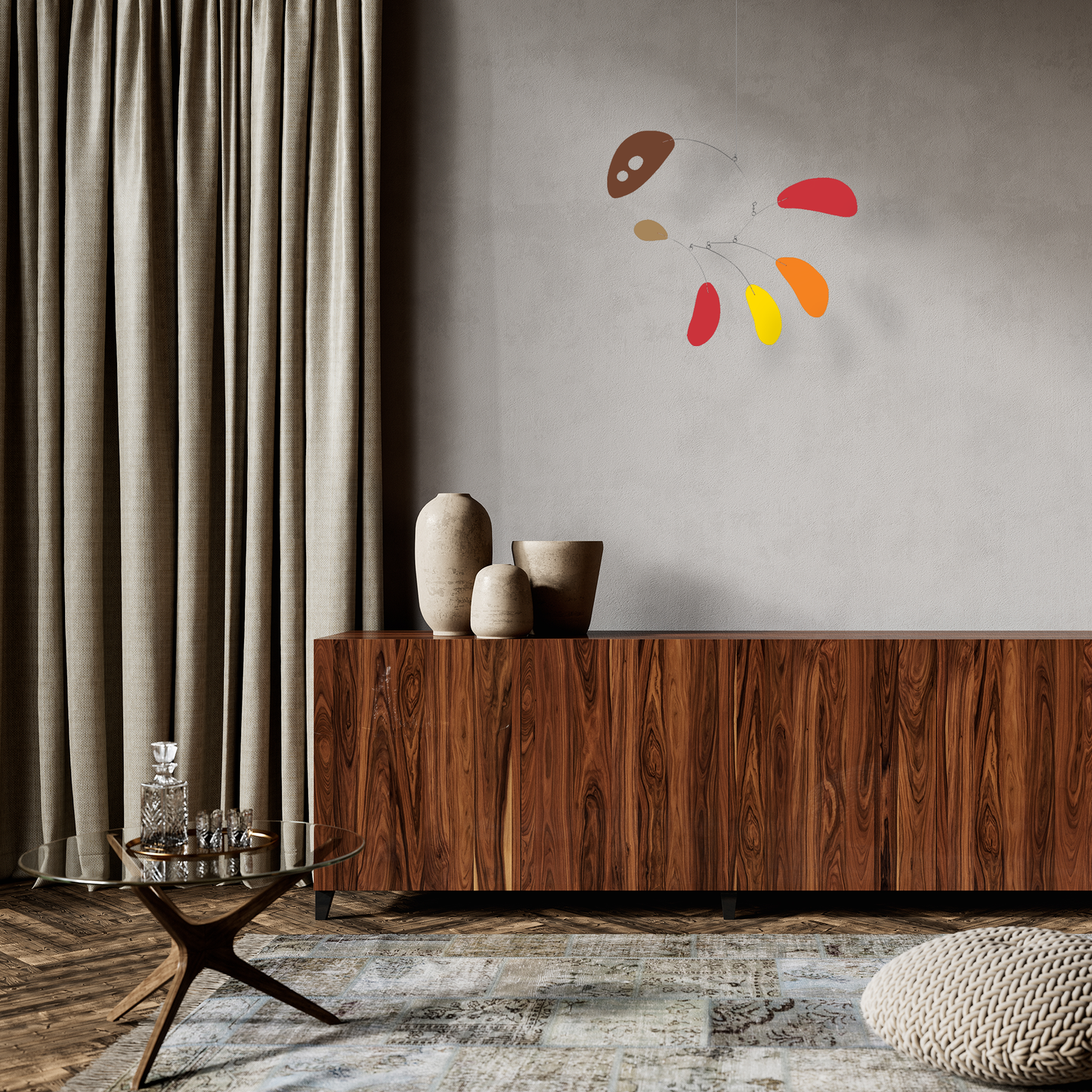 Stunning mid century modern room with wood sideboard credenza, modern glass side table, pillow, drapes and rug with AstroCats hanging art mobile in Fall Colors of brown, red, orange, yellow, and latte by AtomicMobiles.com