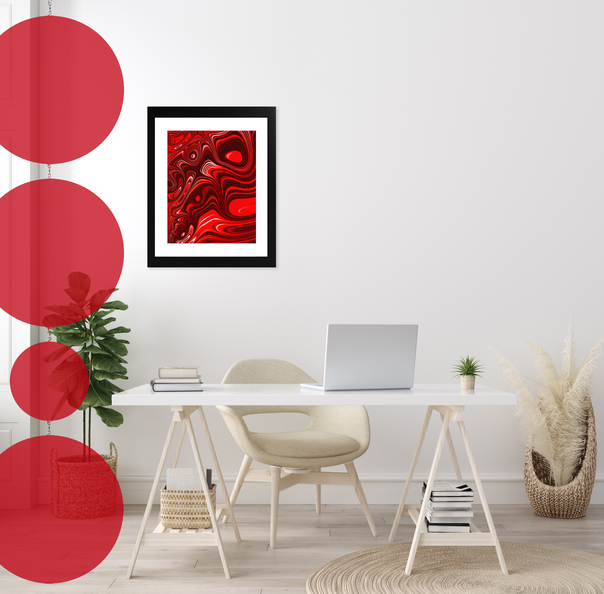 Home Office with desk, computer, framed abstract art, and XL BOLD AF Hanging Modern Art Mobile Sculpture in clear transparent red acrylic by AtomicMobiles.com