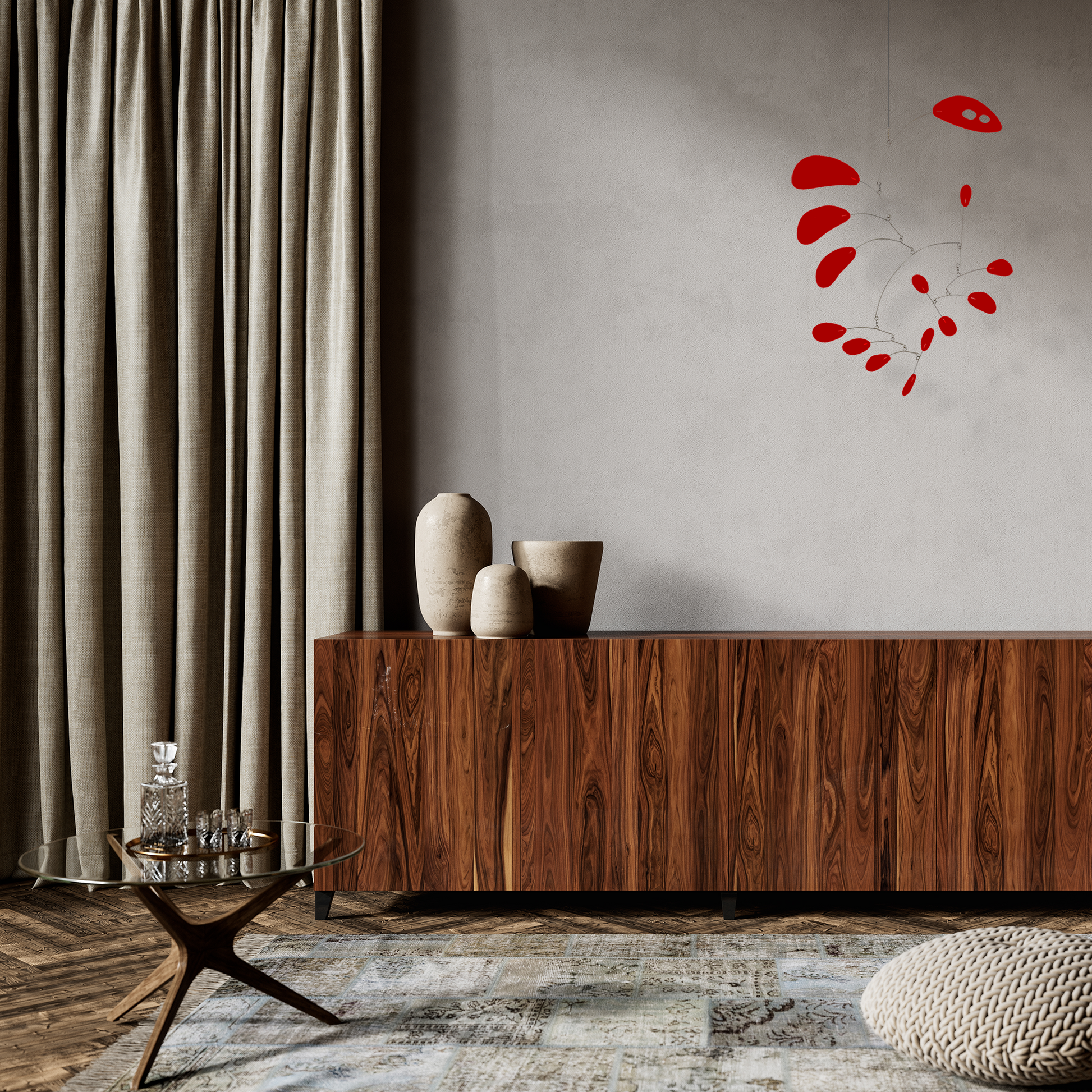 Red CoolCat Hanging Art Mobile in modern room with wood sideboard credenza, pottery, beige drapes, andn a clear modern table with a bar setting - mobiles by AtomicMobiles.com
