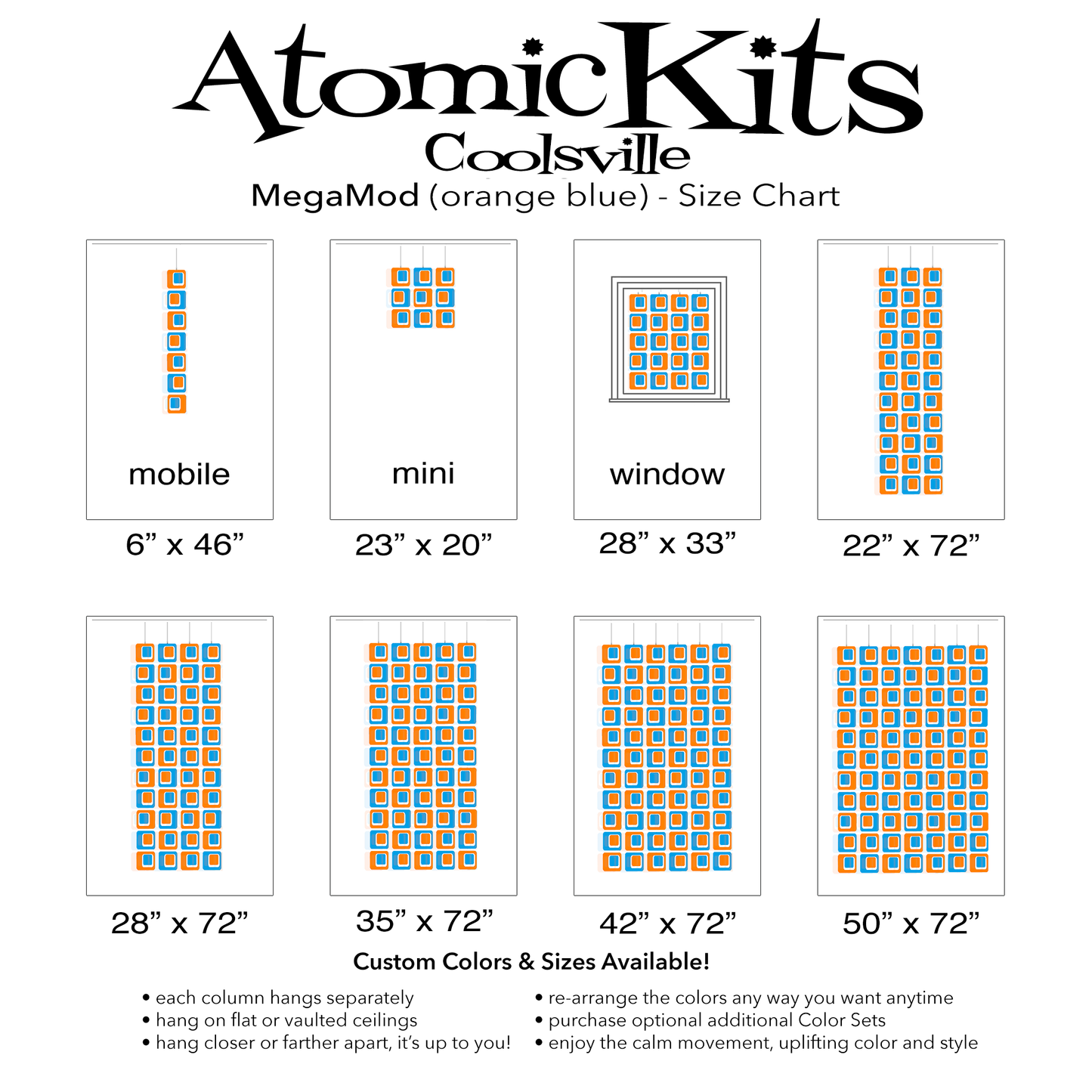 Mega Mod Size Chart for Blue and Orange Coolsville Reflective Room Divider, Curtain, Partition, Wall Art, Mobile by AtomicMobiles.com