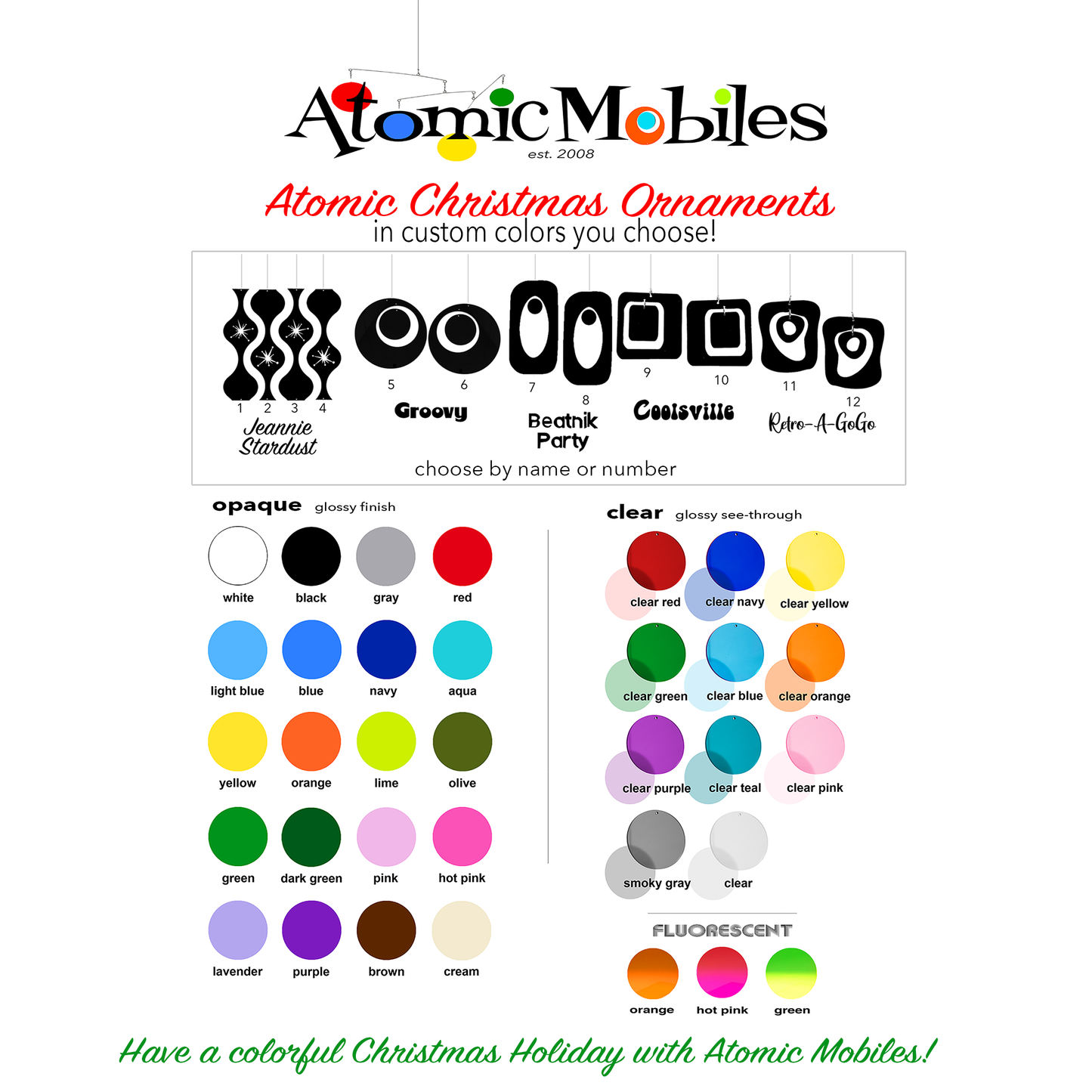 Alternative to Red and Green! Custom Colors for Retro Mid Century Modern Holiday Christmas Ornaments - Choose Your Colors! by AtomicMobiles.com