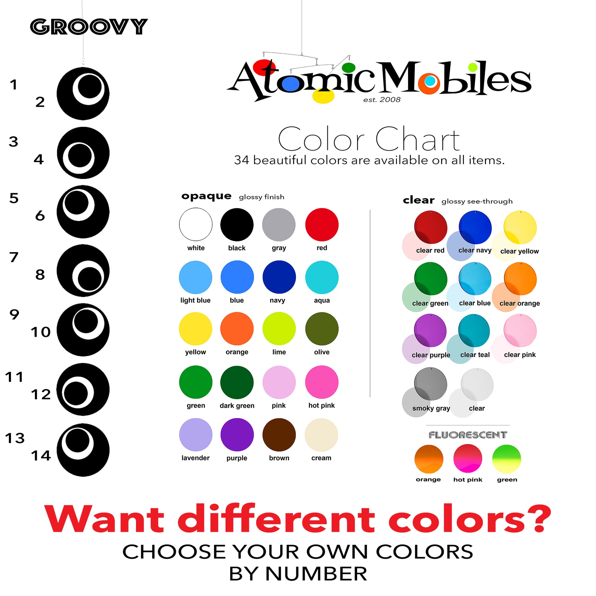 Groovy Color Chart for vertical. hanging art mobiles by AtomicMobiles.com