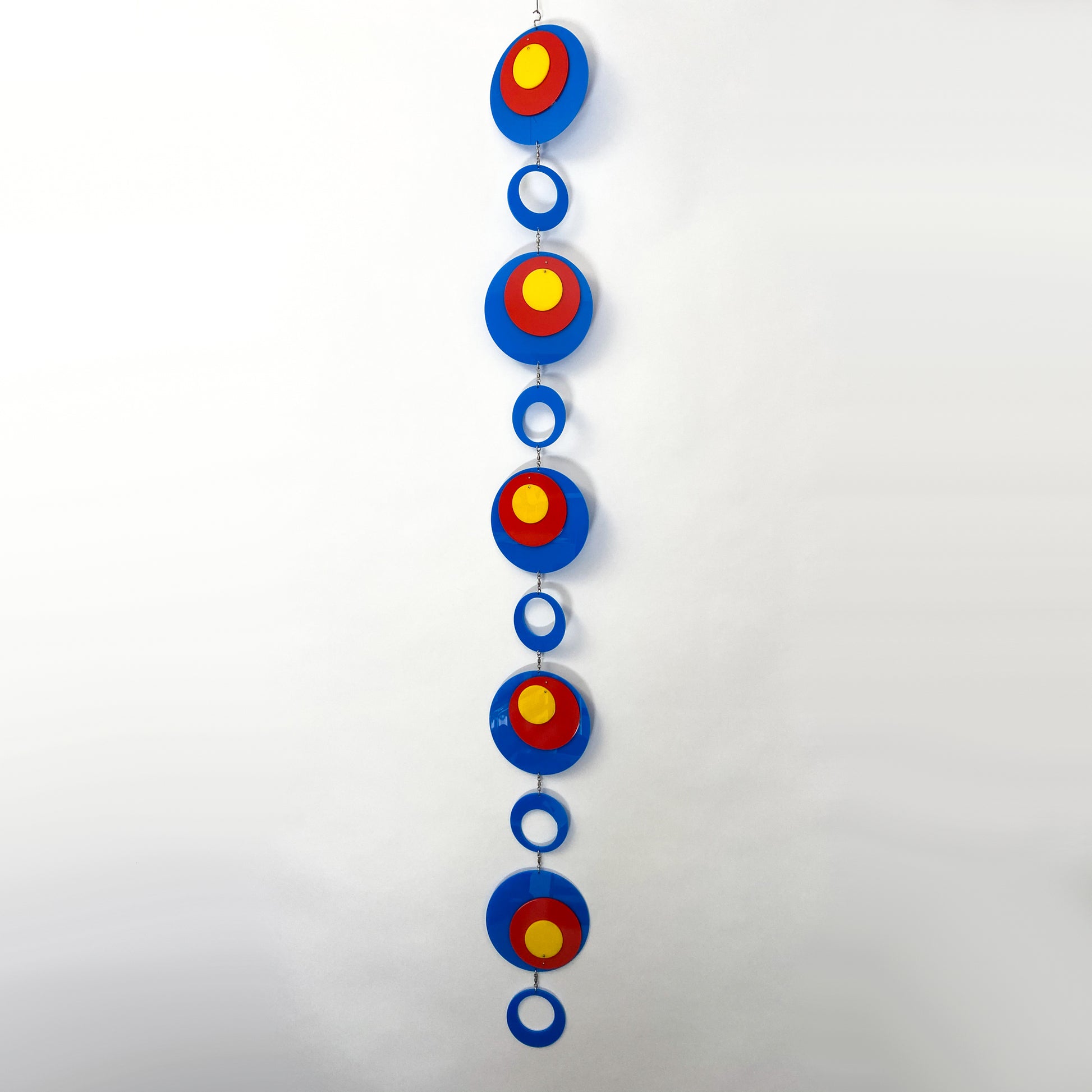 Groovy Twirly Blue Multi Color Vertical Kinetic Mobile in Blue Red and Yellow by AtomicMobiles.com