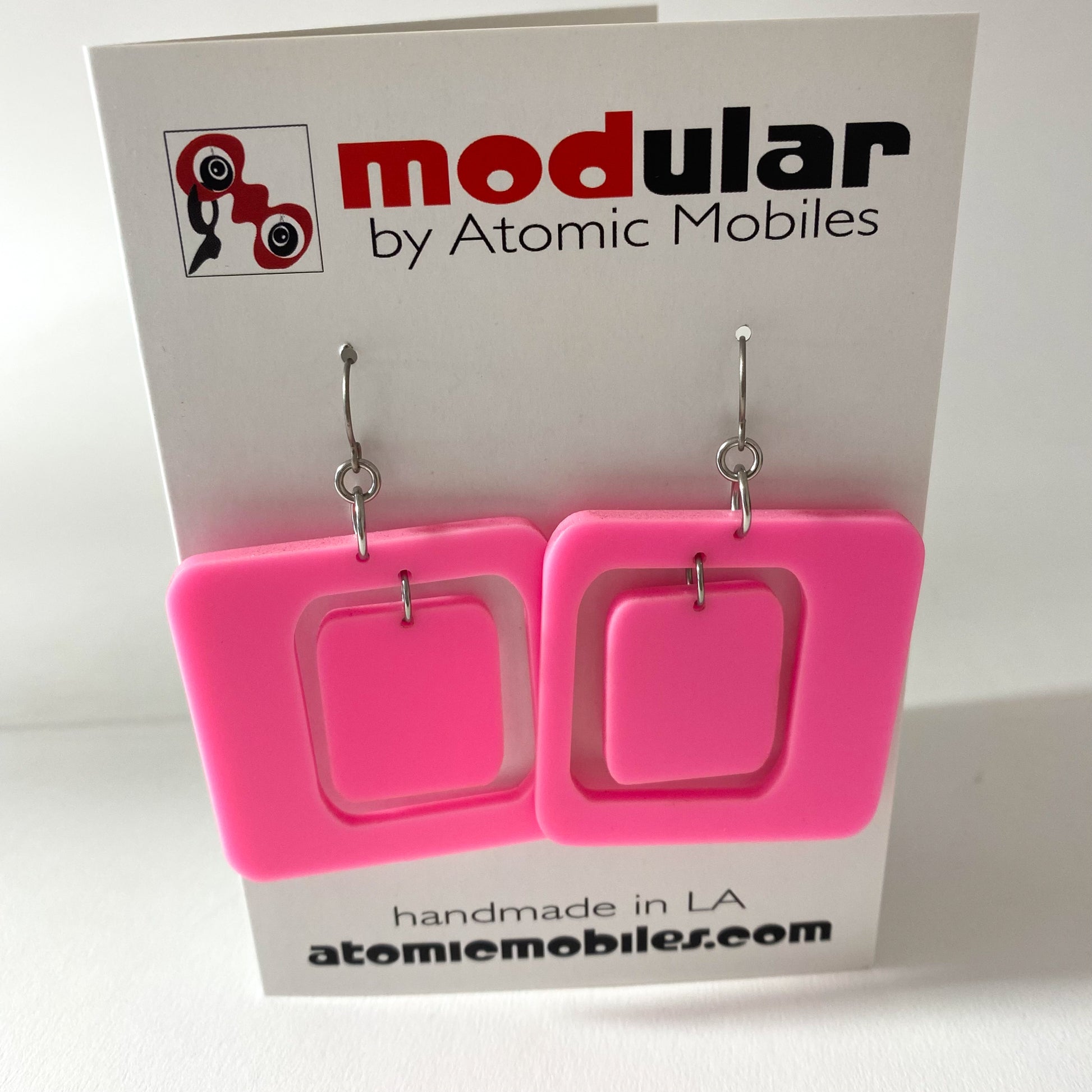 Pink Coolsville Earrings - retro mid century modern earrings in pink acrylic by AtomicMobiles.com