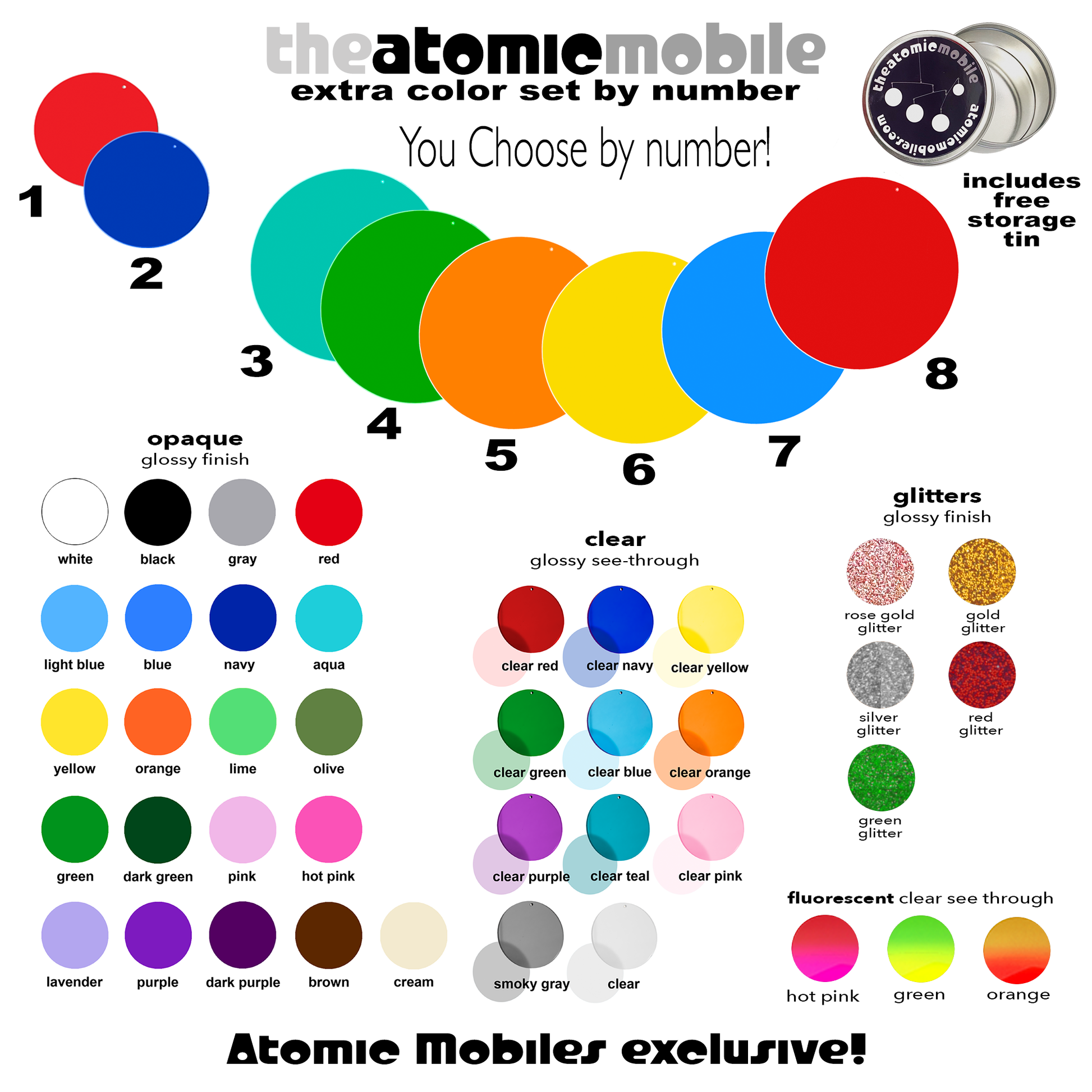 Color Chart for Extra Color Sets for the Atomic Mobile - modular design hanging art mobiles with interchangeable color discs by AtomicMobiles.com