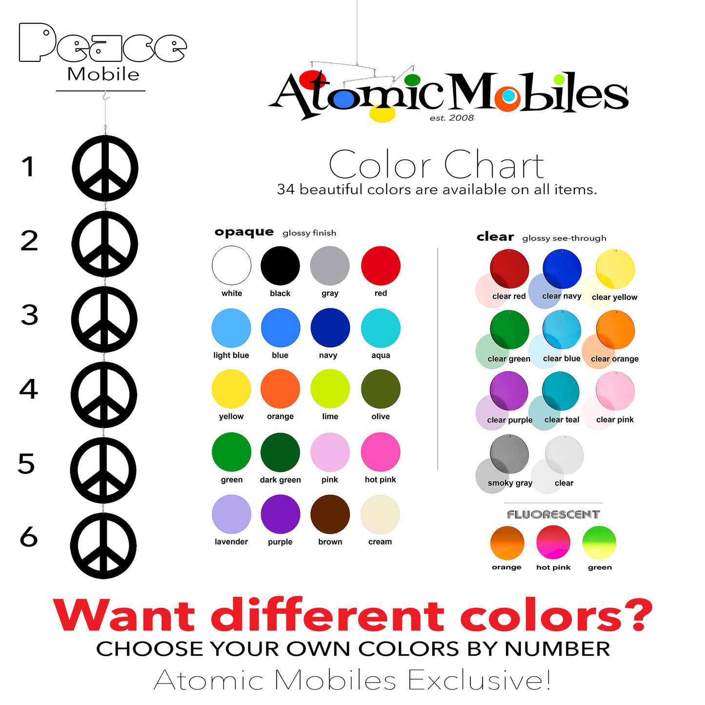 Custom Color Chart for Peace Sign kinietic hanging art mobile by AtomicMobiles.com - symbolizing World Peace