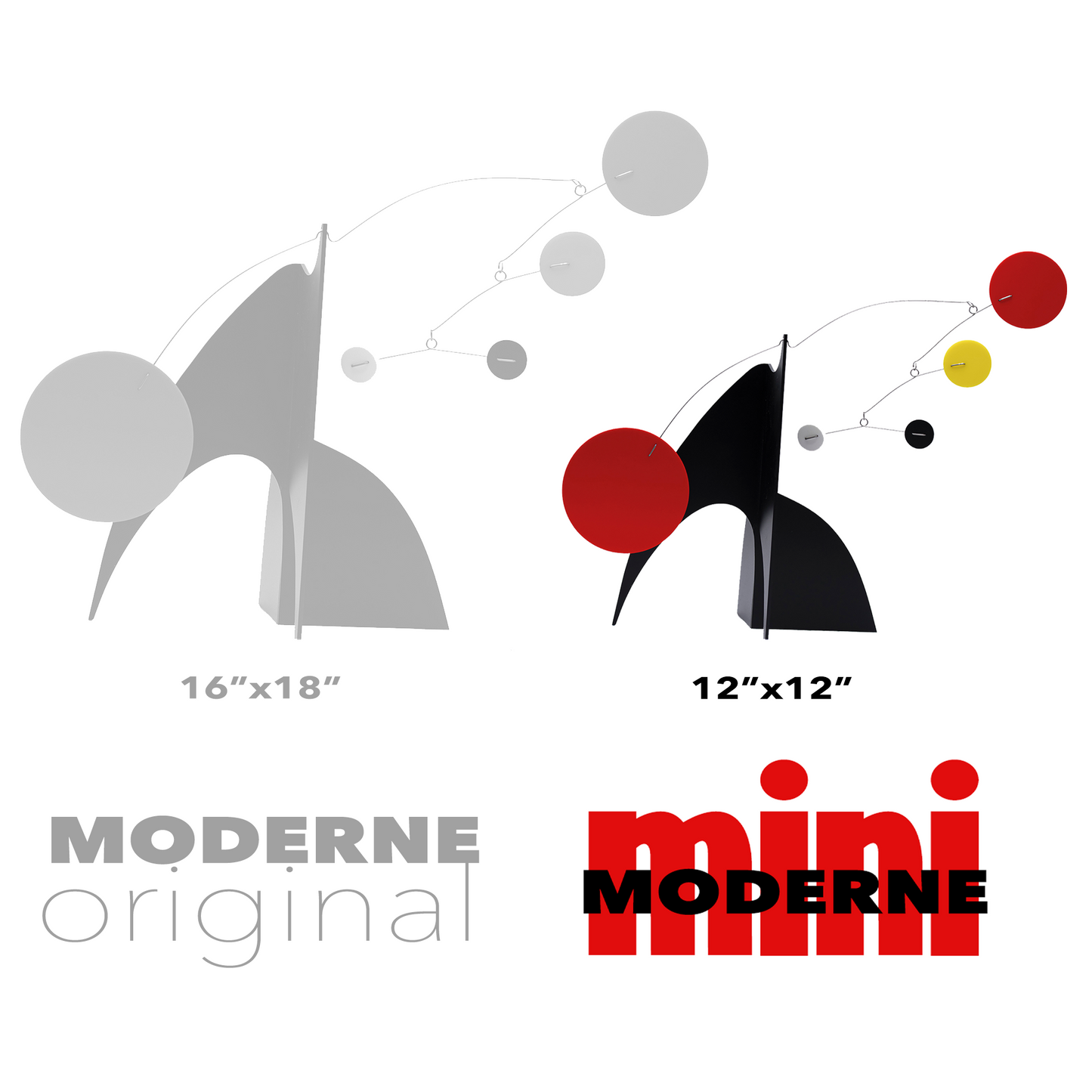 Comparison chart of Original MODERNE and MODERNE MINI mid century modern minimalist art - in black and red acrylic plexiglass - adorable small kinetic art sculpture for coffee table, countertop, desk, or shelf - by AtomicMobiles.com