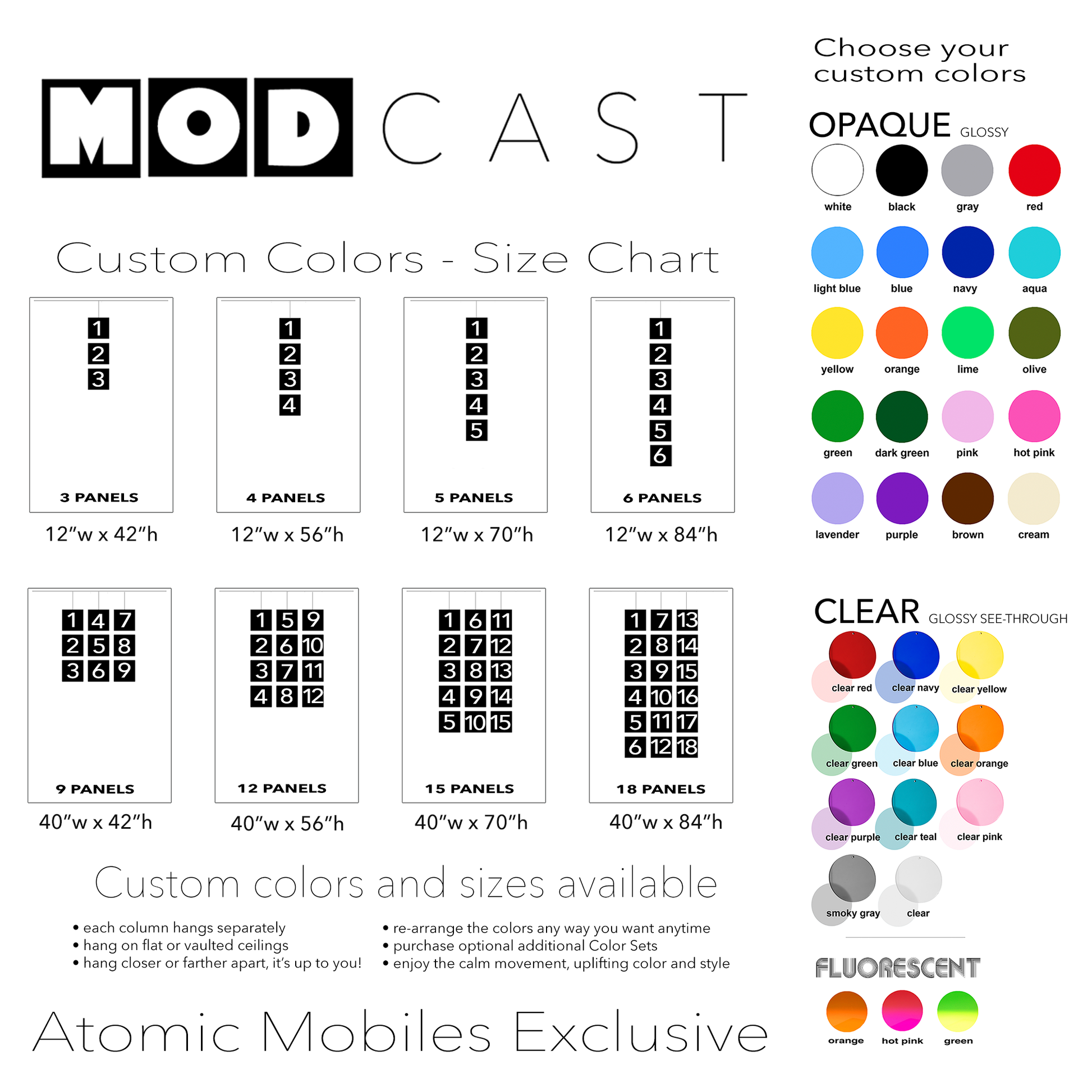 Color Chart and Sizes for MODcast hanging art mobiles in 34 acrylic plexiglass colors - kinetic mid century modern style home decorations by AtomicMobiles.com