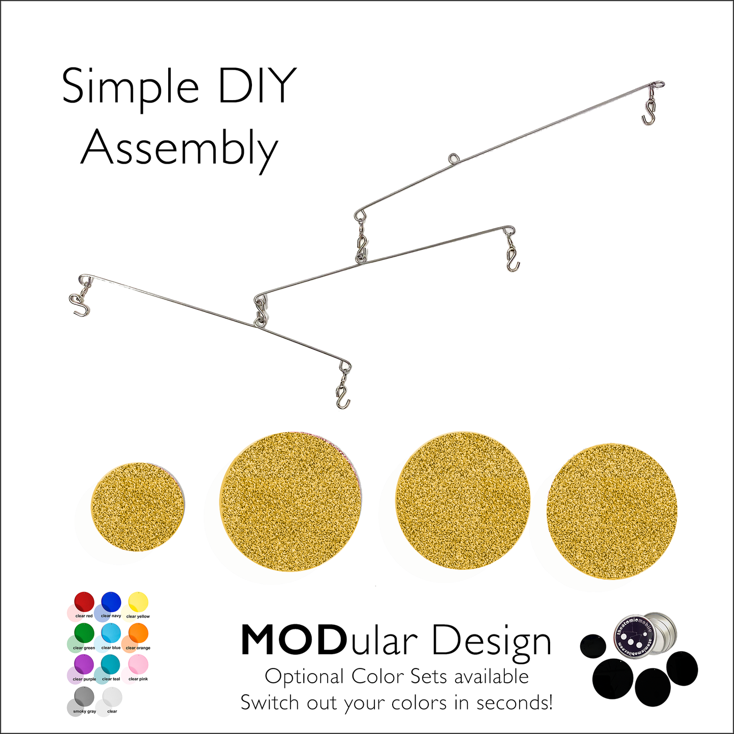 Gold Glitter Atomic Mobile unassembled - kinetic hanging art mobiles by AtomicMobiles.com