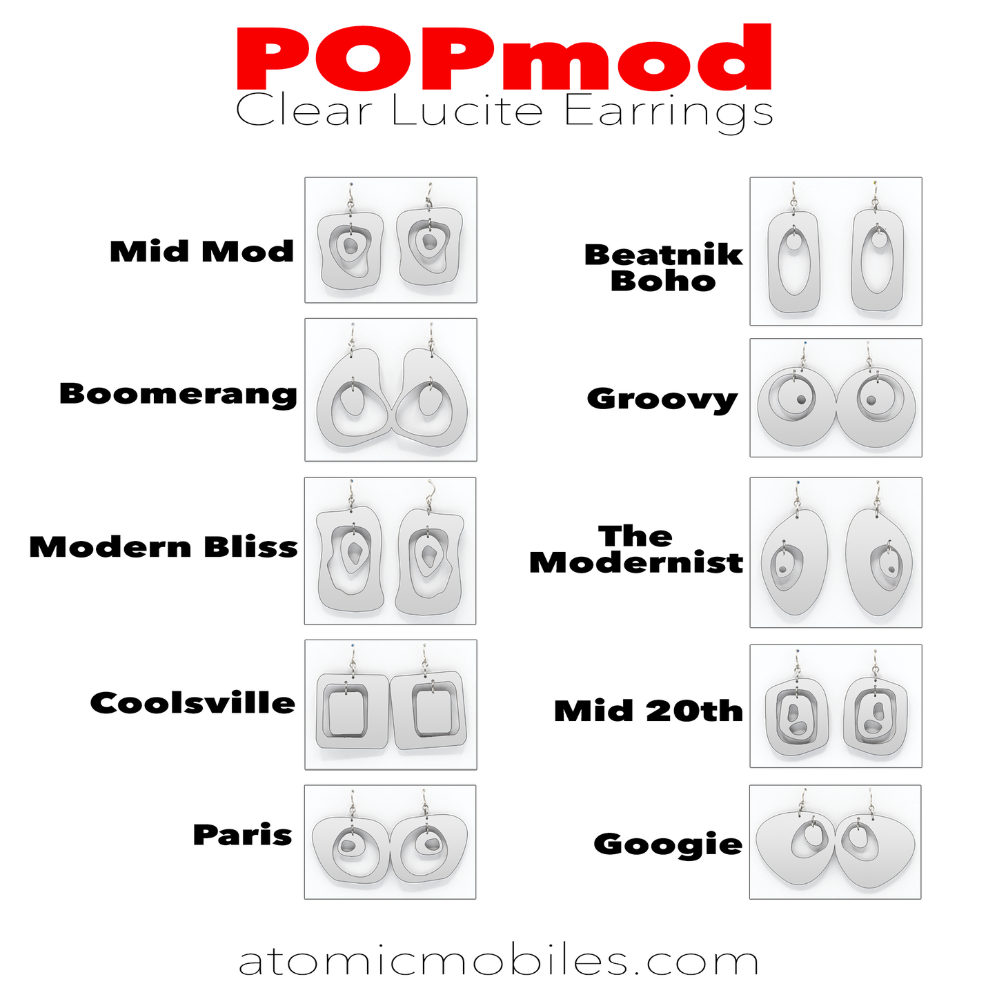 Style Chart for POPmod Clear Mid Century Modern Retro Lucite Earrings by AtomicMobiles.com